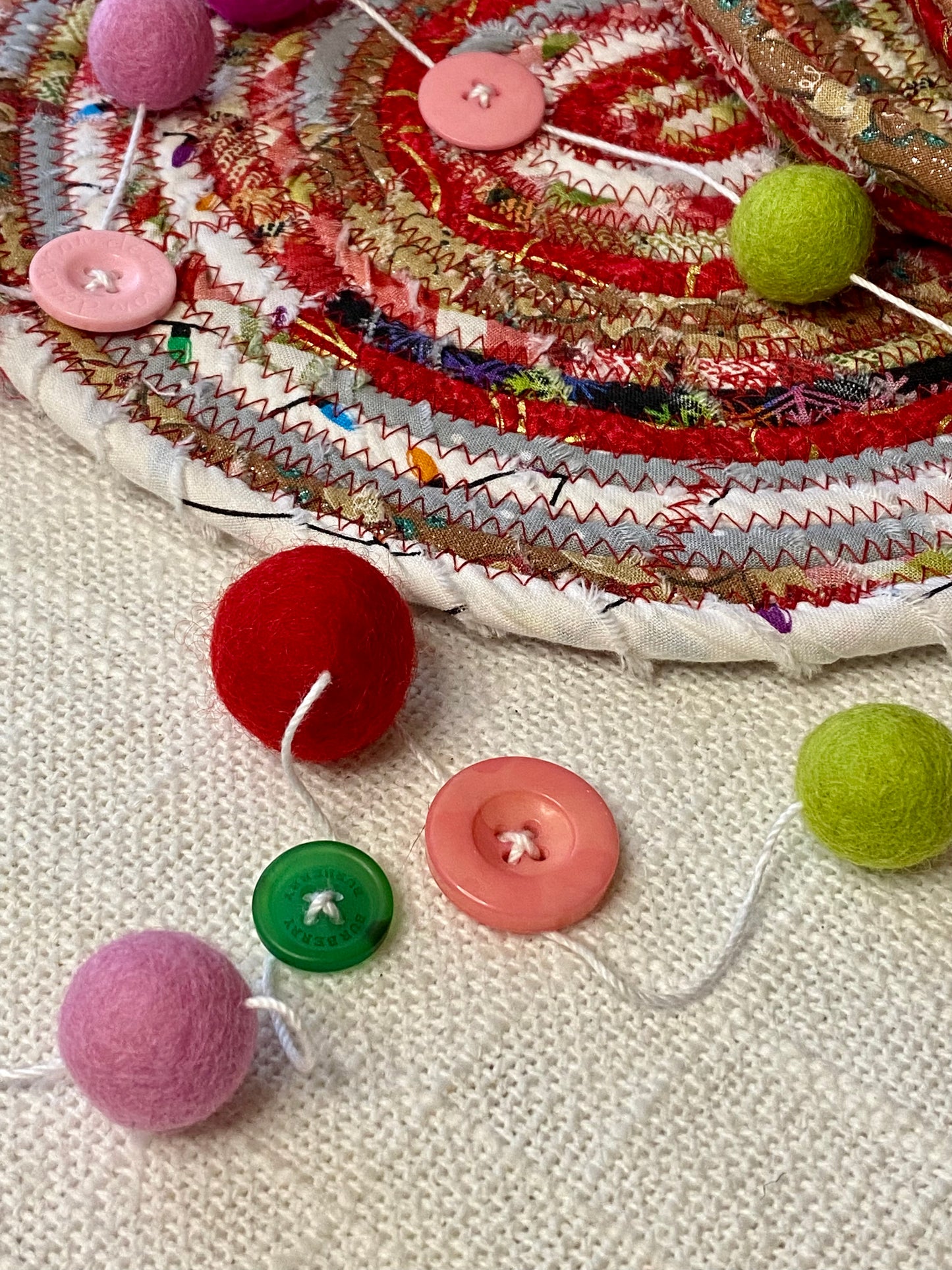 6' Felted Wool Ball and Button Garland - 16 wool balls + 16 buttons