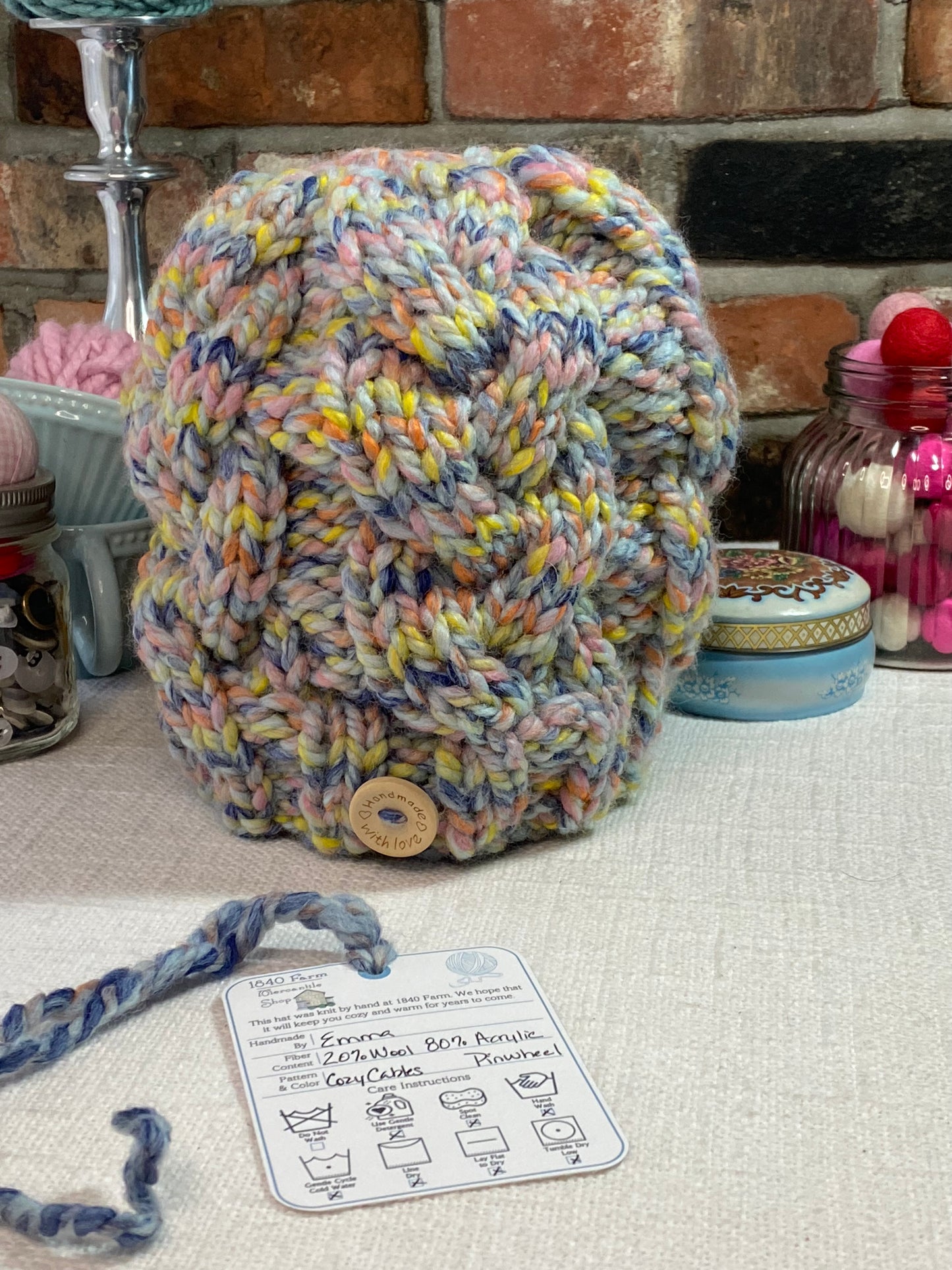 Cozy Cables Hat - Wool Blend Fiber in Pinwheel - Spring 2025