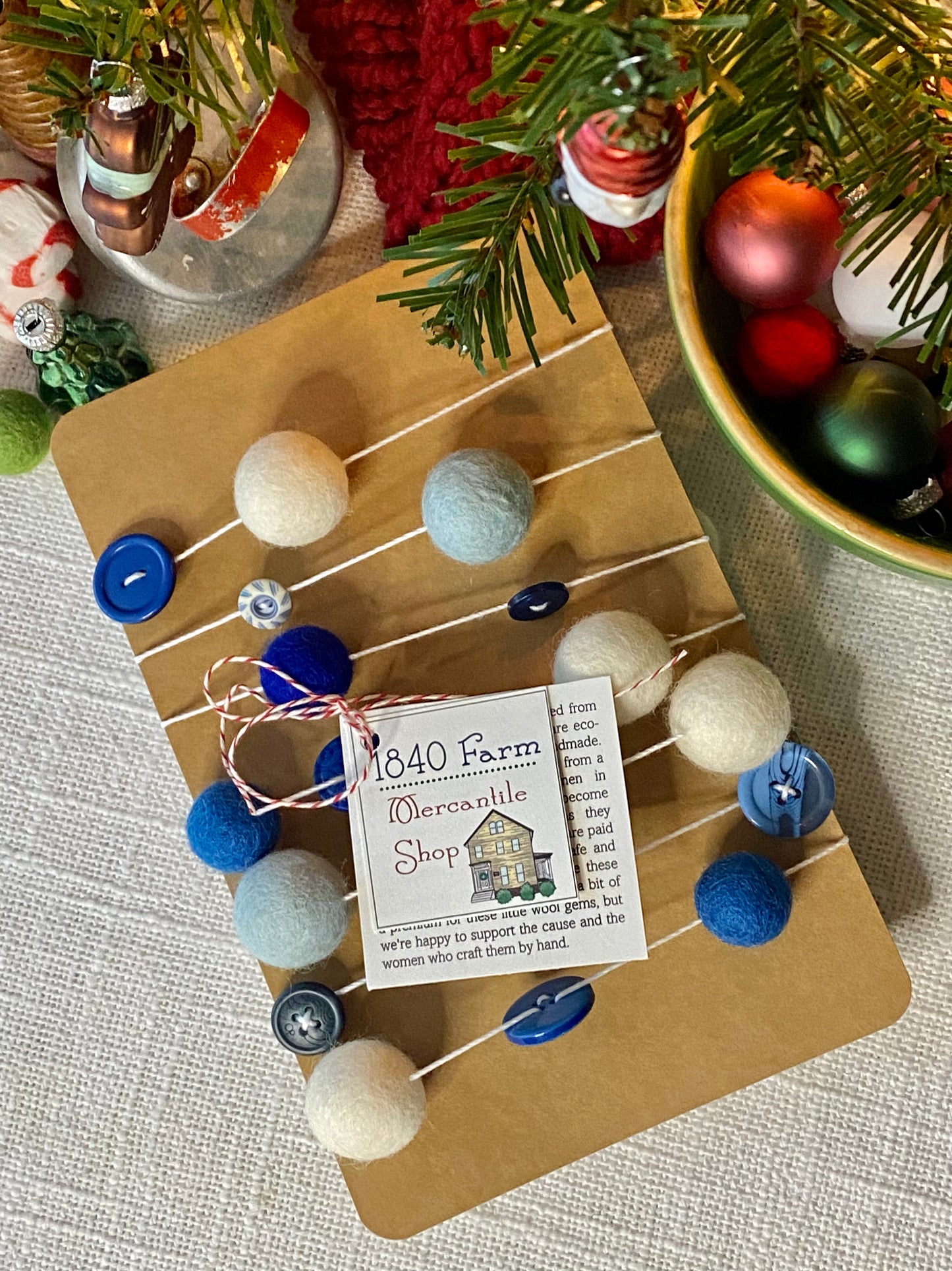 6' Felted Wool Ball and Button Garland - 16 wool balls + 16 buttons