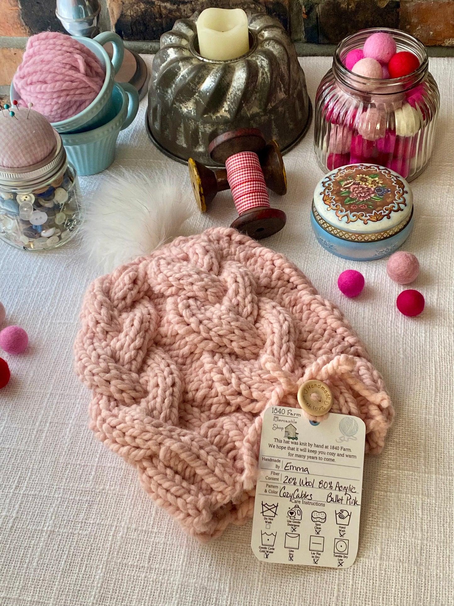 Cozy Cables Hat in Ballet Pink - Wool Blend Fiber