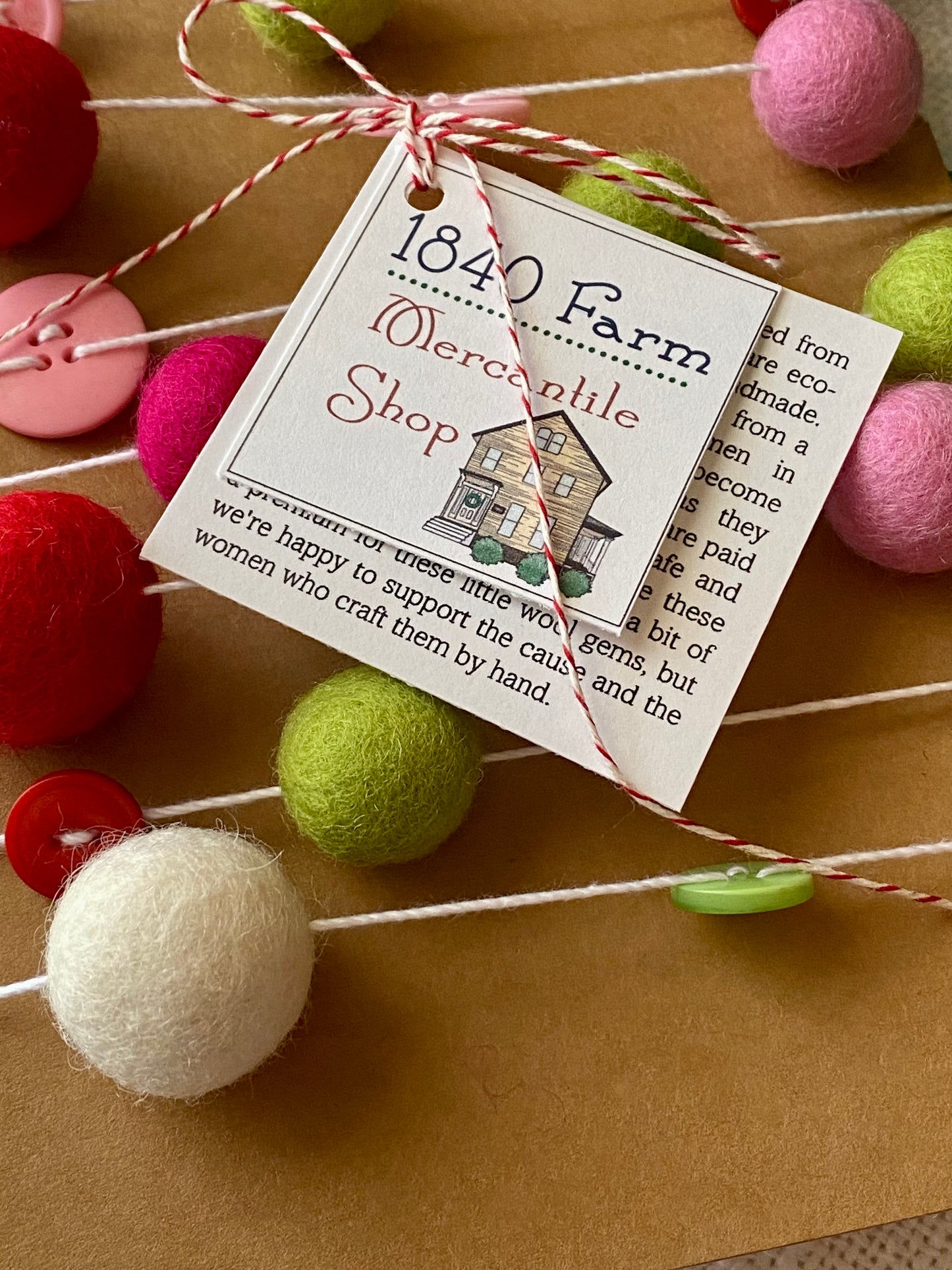 6' Felted Wool Ball and Button Garland - 16 wool balls + 16 buttons
