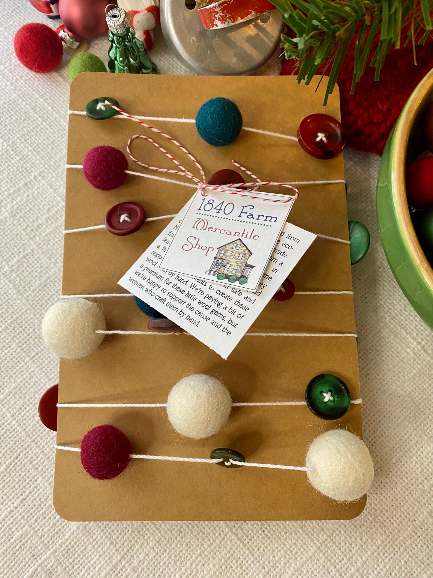 6' Felted Wool Ball and Button Garland - 16 wool balls + 16 buttons