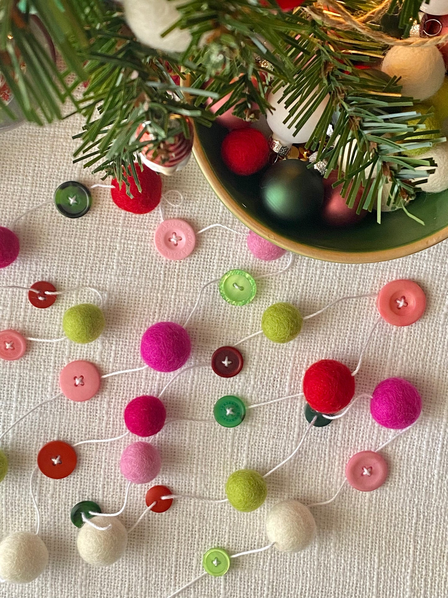 6' Felted Wool Ball and Button Garland - 16 wool balls + 16 buttons