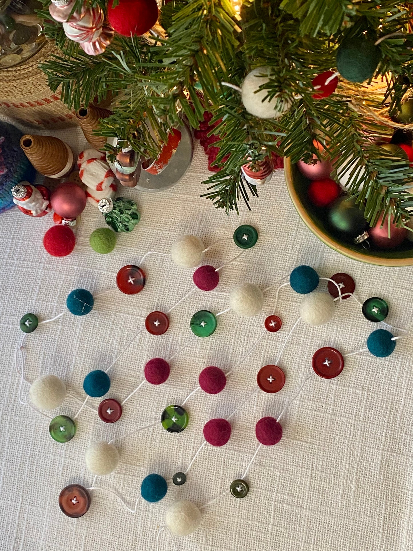6' Felted Wool Ball and Button Garland - 16 wool balls + 16 buttons