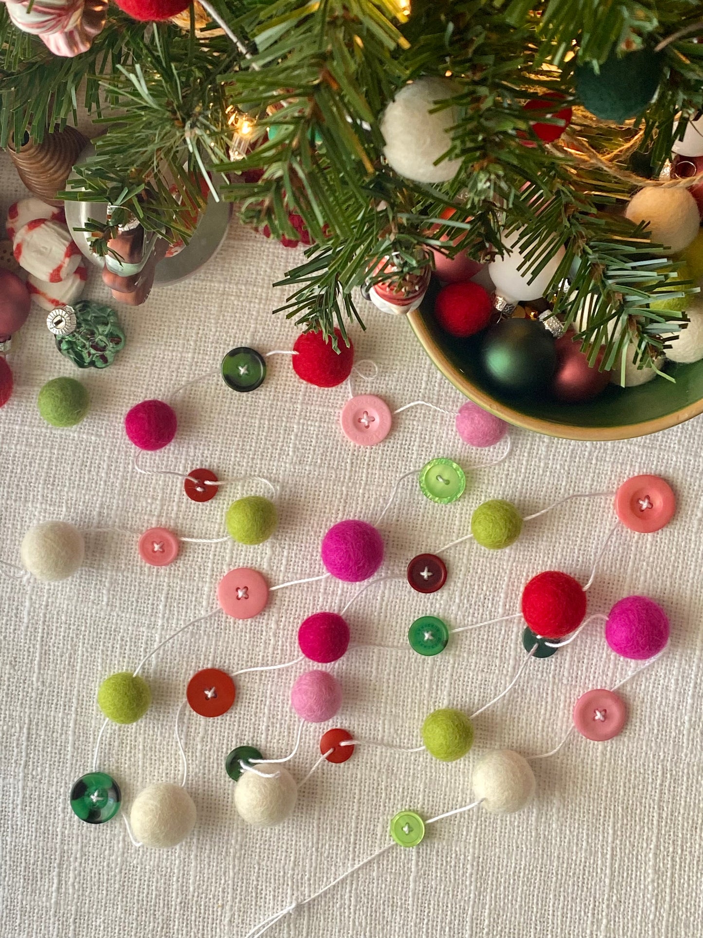 6' Felted Wool Ball and Button Garland - 16 wool balls + 16 buttons