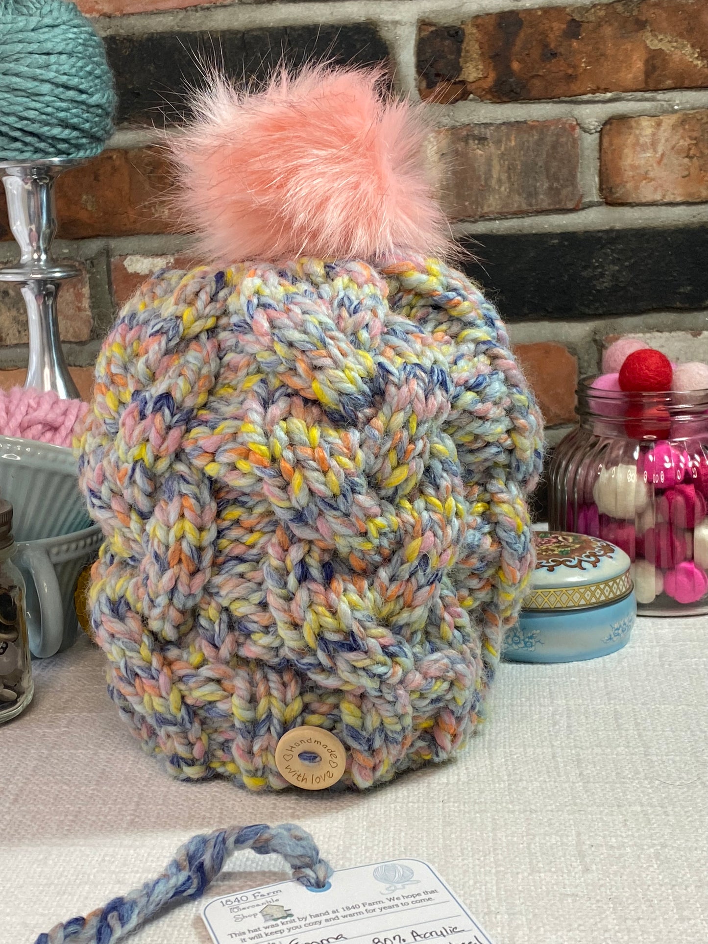 Cozy Cables Hat - Wool Blend Fiber in Pinwheel - Spring 2025
