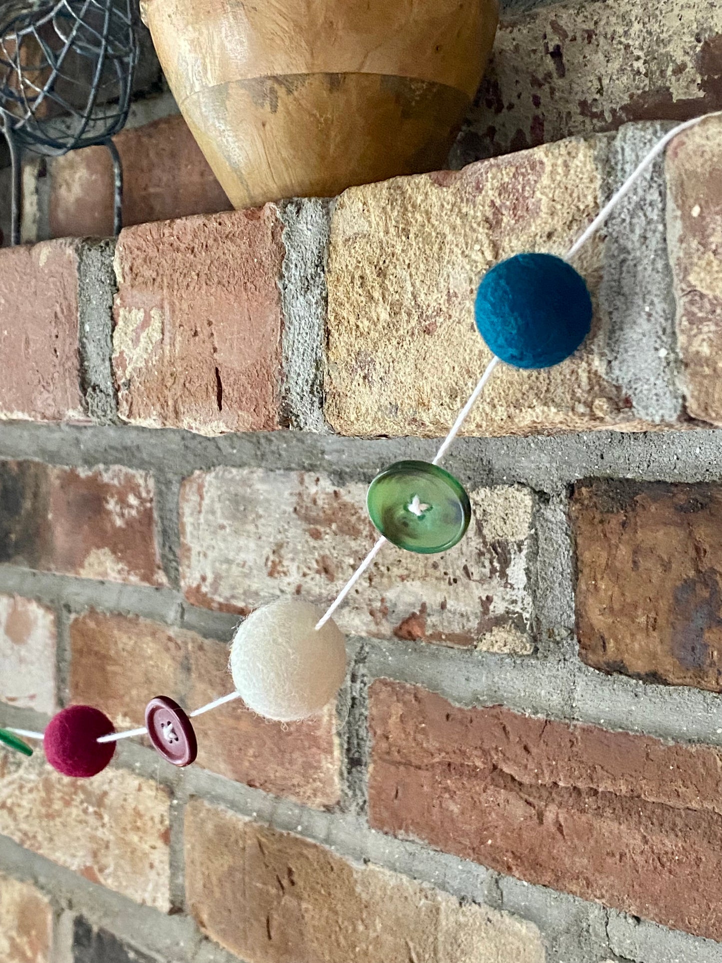 6' Felted Wool Ball and Button Garland - 16 wool balls + 16 buttons