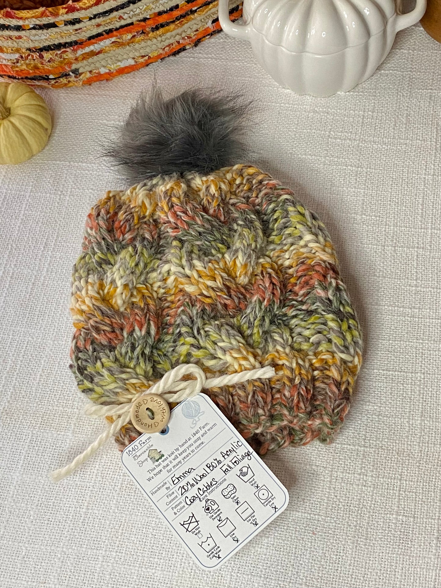Cozy Cables Hat - Wool Blend Fiber - Fall Foliage
