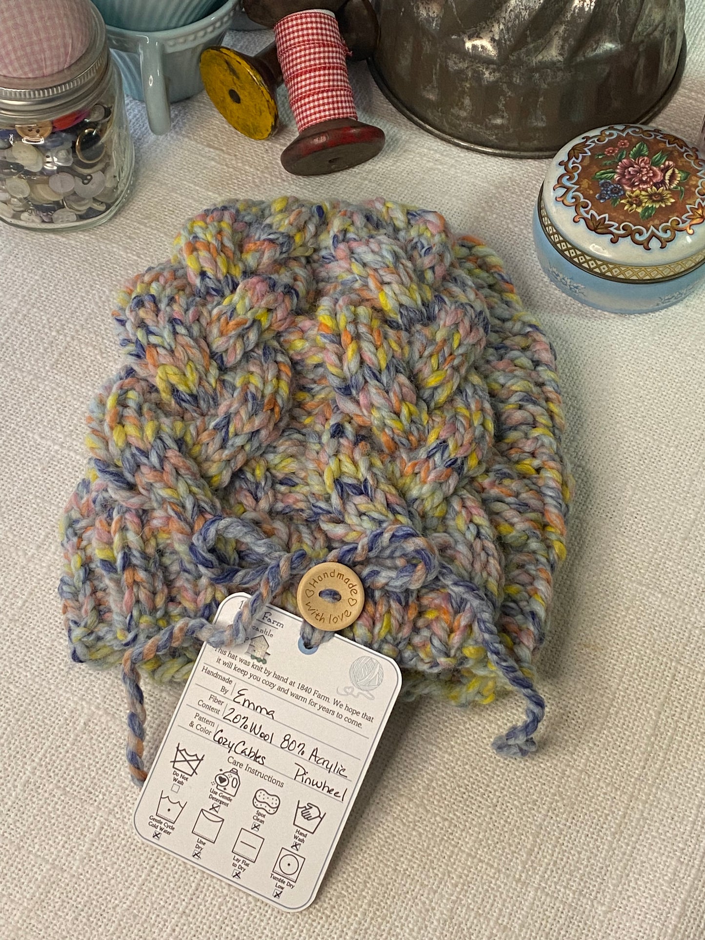 Cozy Cables Hat - Wool Blend Fiber in Pinwheel - Spring 2025