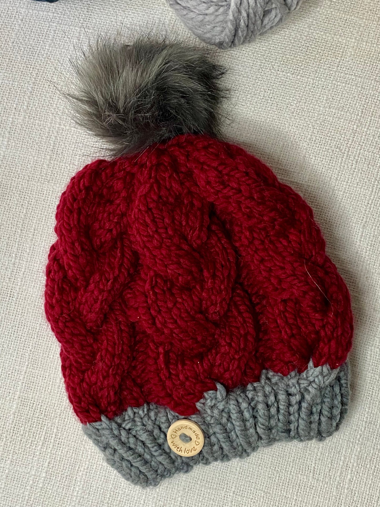 Cozy Cables Hat in Cranberry and Pewter- Wool Blend Fiber - Dual Tone