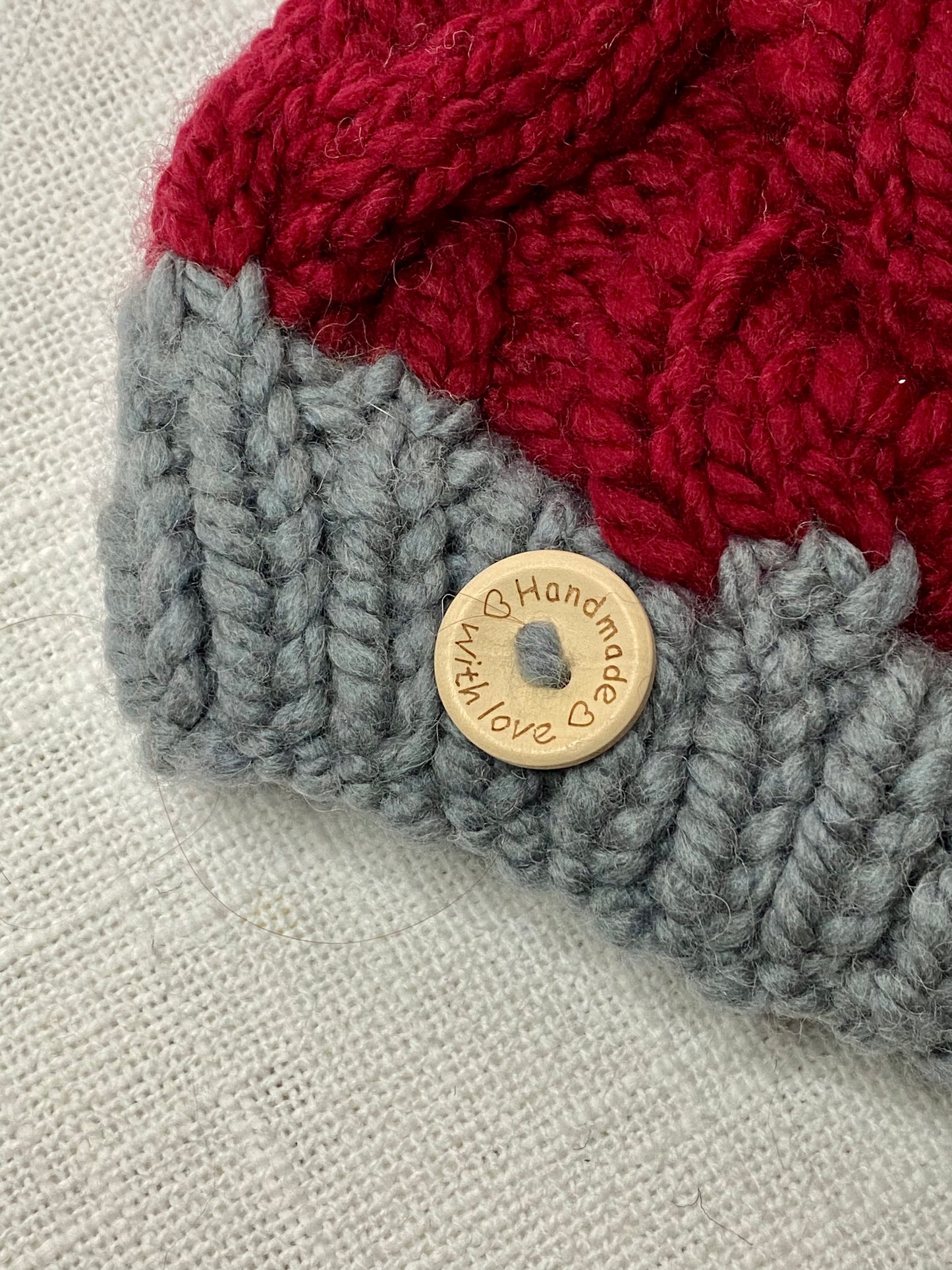 Cozy Cables Hat in Cranberry and Pewter- Wool Blend Fiber - Dual Tone