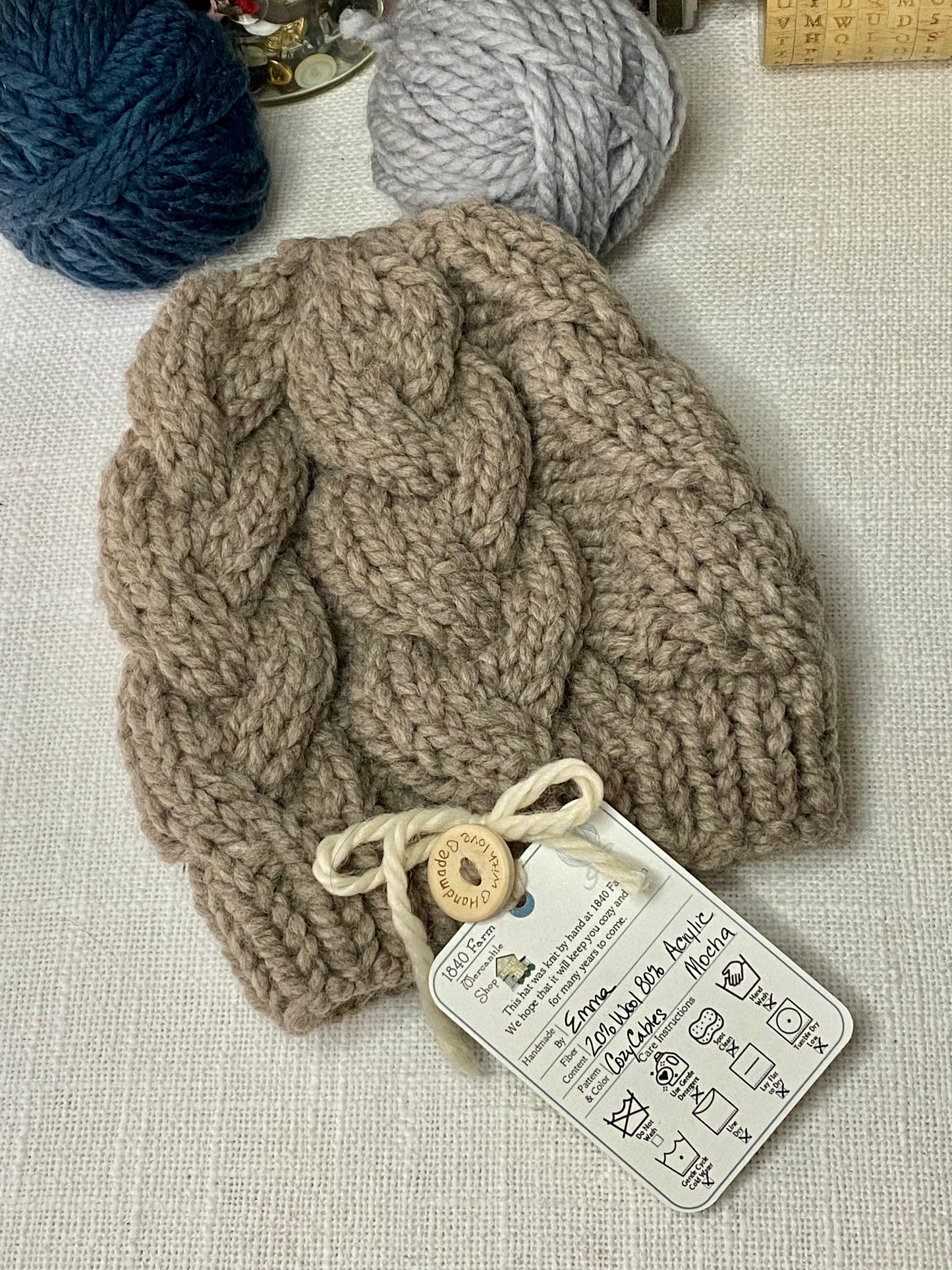 Cozy Cables Hat in Mocha - Wool Blend Fiber