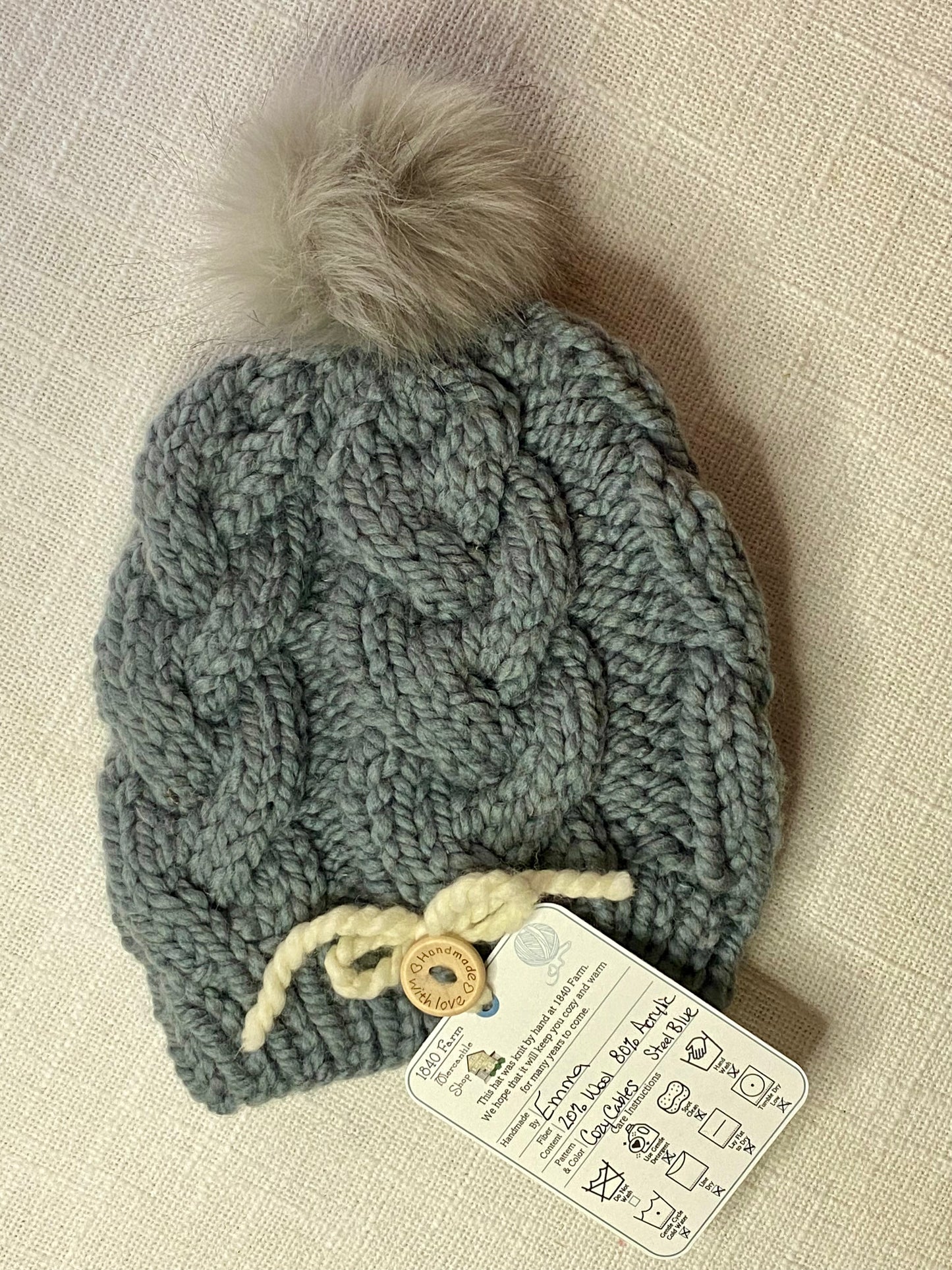 Cozy Cables Hat - Wool Blend Fiber - Steel Blue