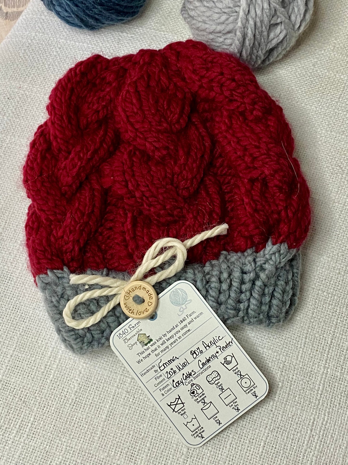 Cozy Cables Hat in Cranberry and Pewter- Wool Blend Fiber - Dual Tone