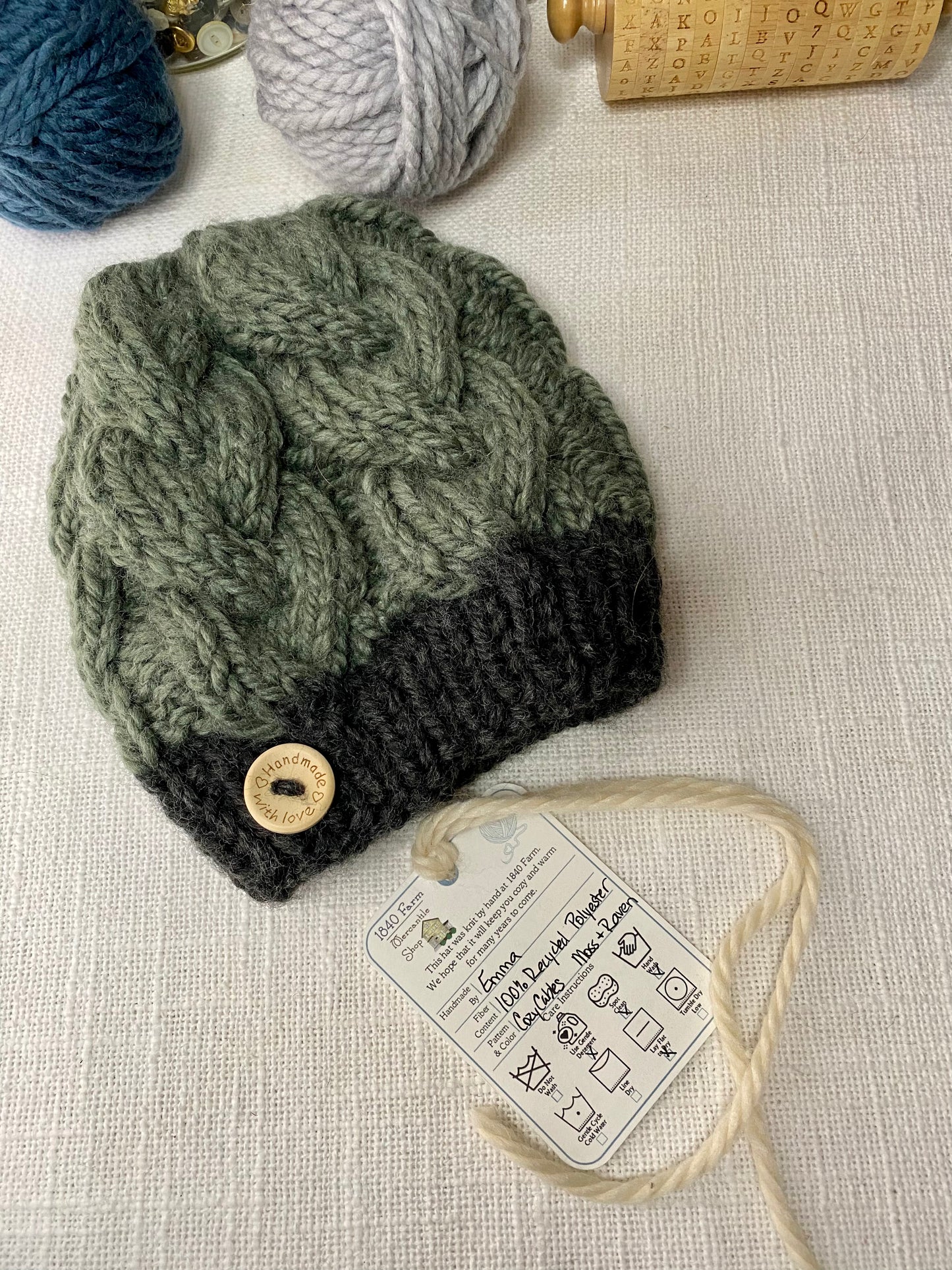 Cozy Cables Hat in Moss and Raven- Recycled Synthetic Fiber be