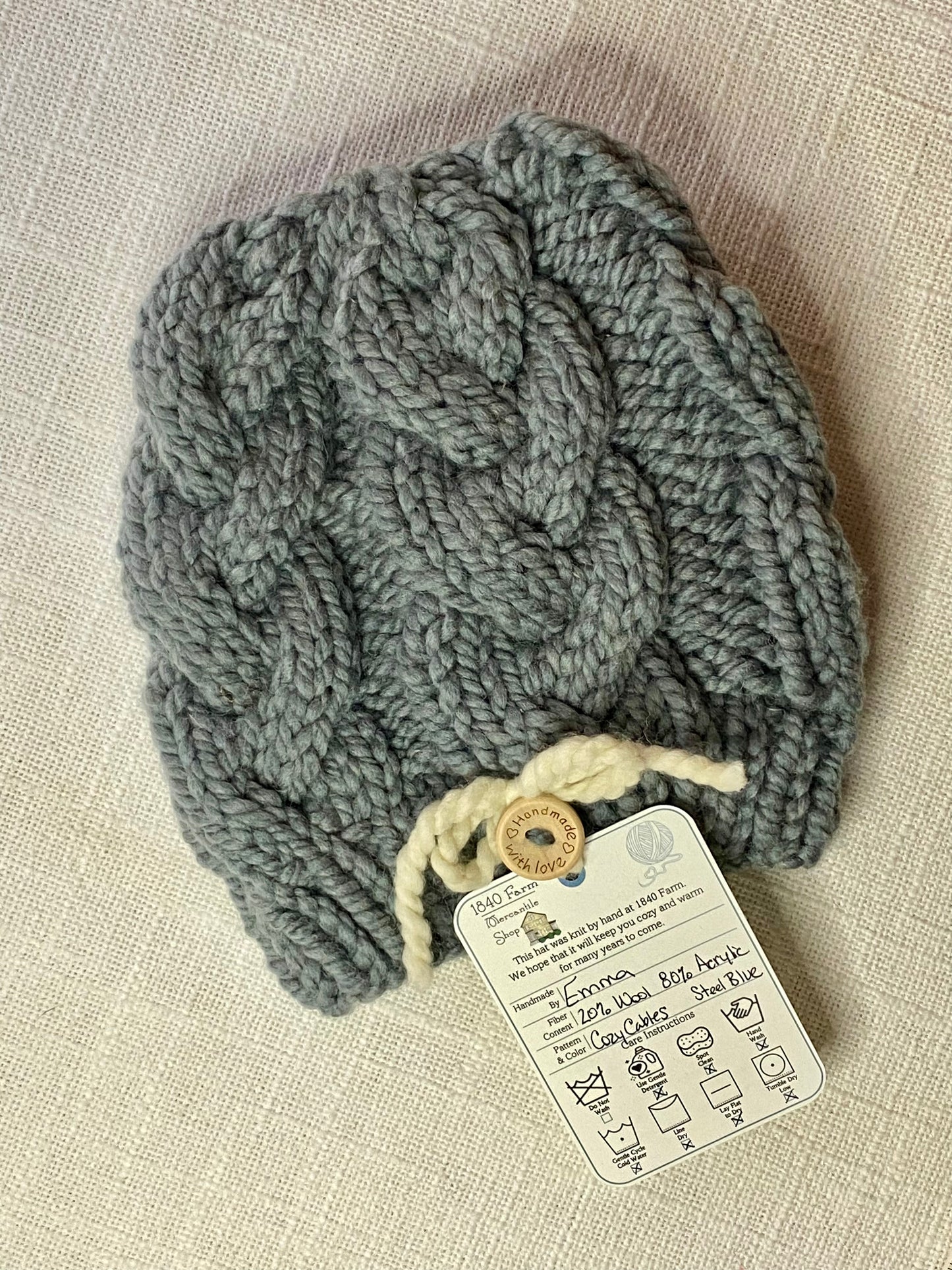 Cozy Cables Hat - Wool Blend Fiber - Steel Blue