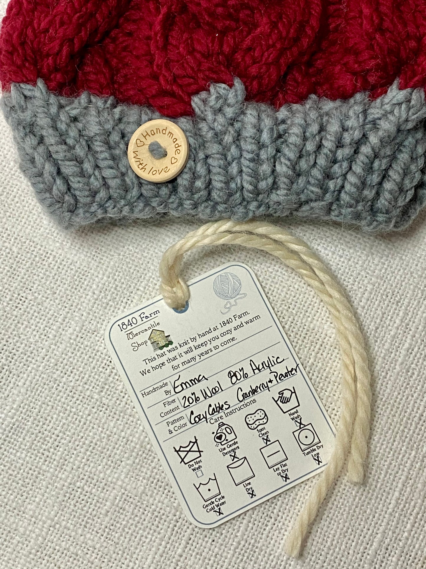 Cozy Cables Hat in Cranberry and Pewter- Wool Blend Fiber - Dual Tone