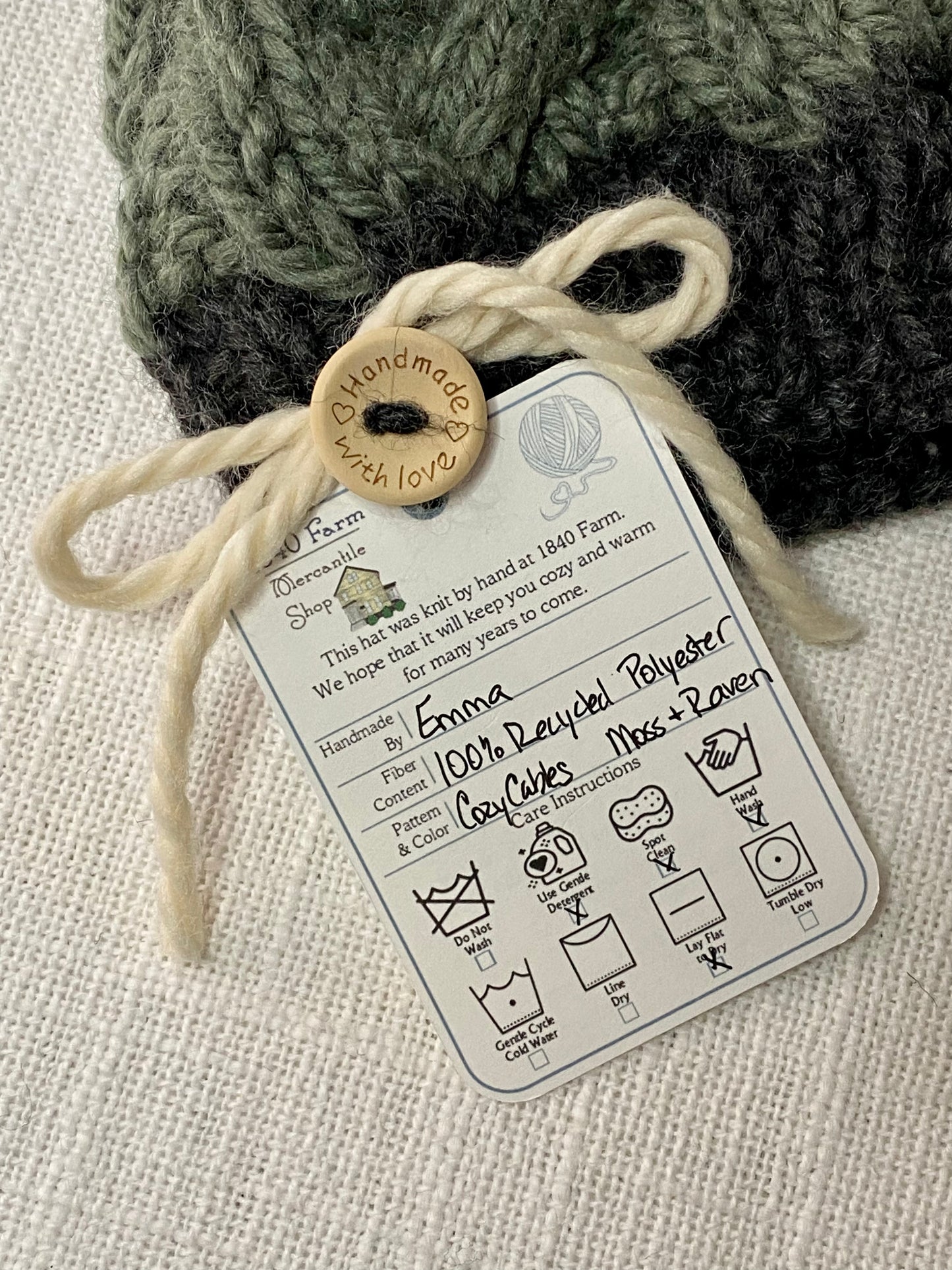 Cozy Cables Hat in Moss and Raven- Recycled Synthetic Fiber be