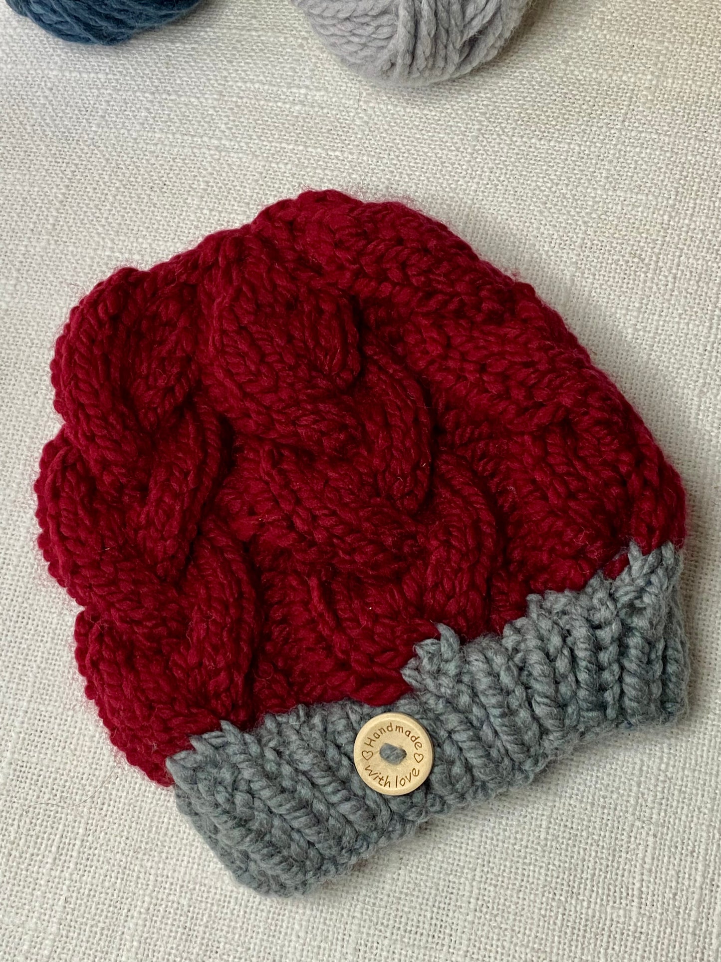 Cozy Cables Hat in Cranberry and Pewter- Wool Blend Fiber - Dual Tone