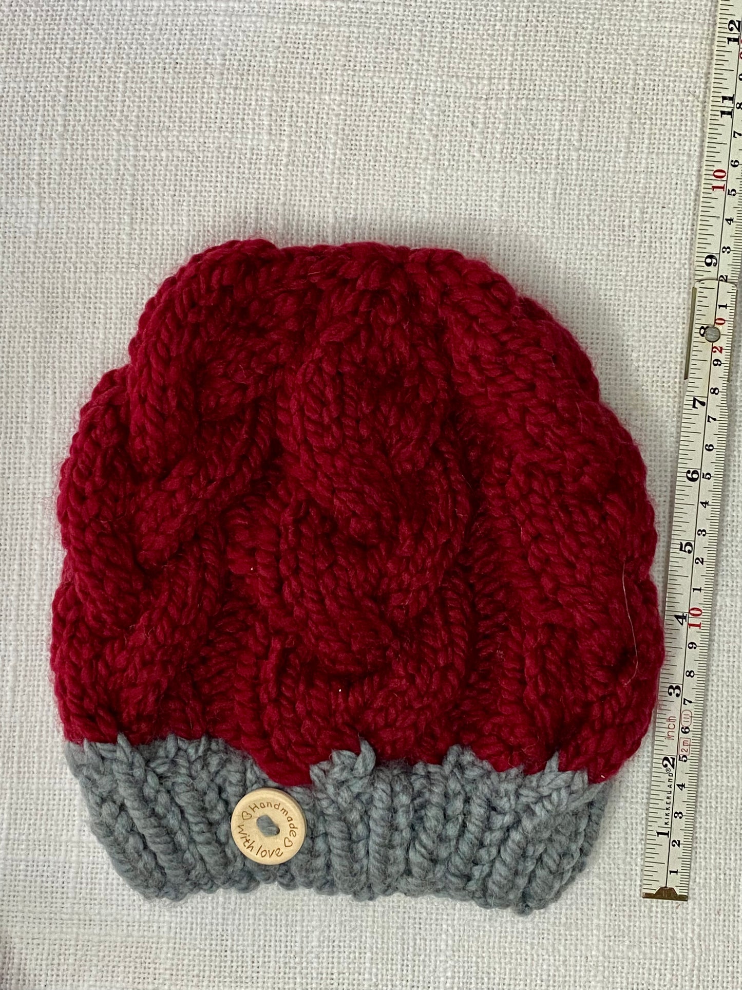 Cozy Cables Hat in Cranberry and Pewter- Wool Blend Fiber - Dual Tone