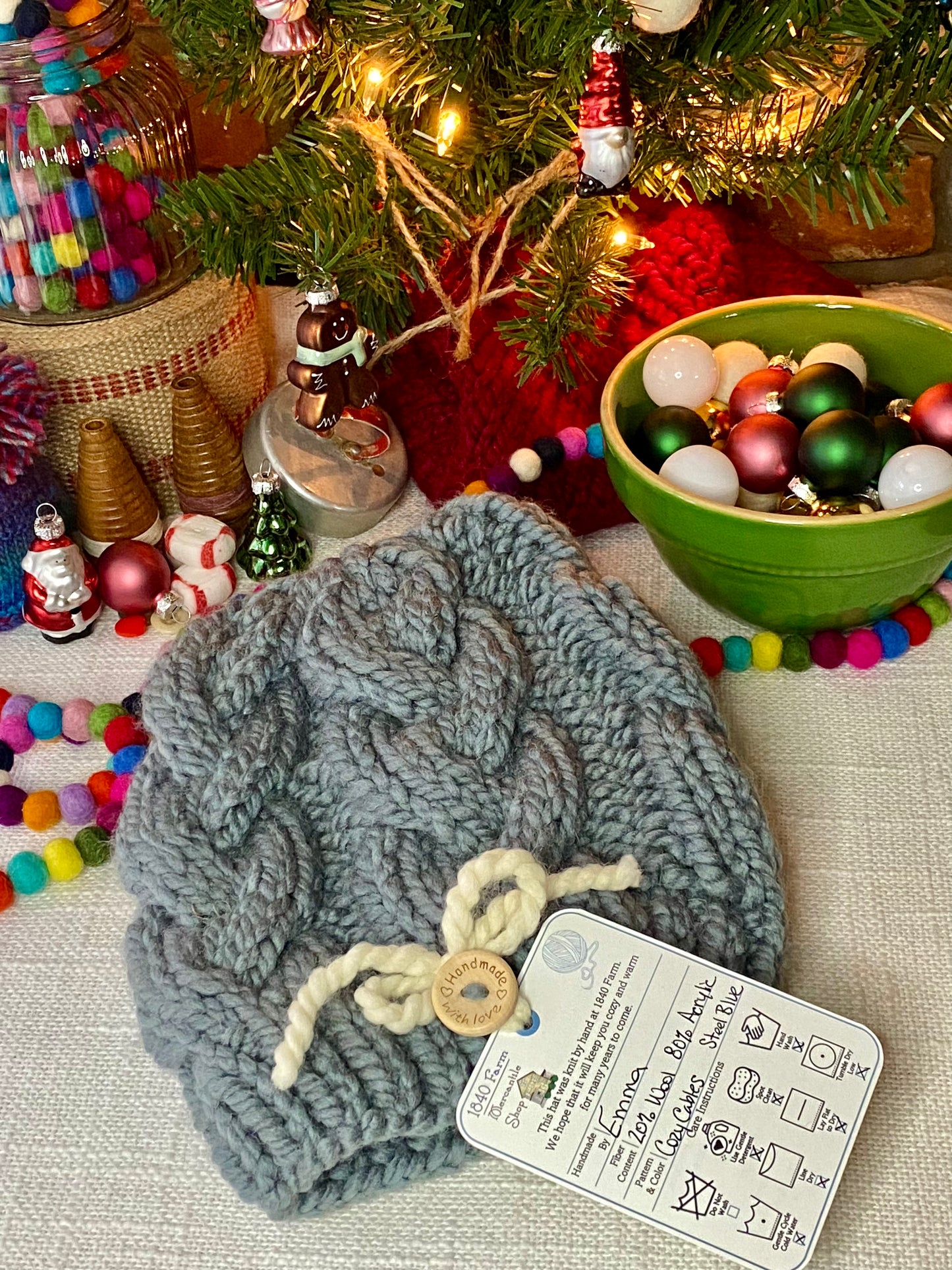 Cozy Cables Hat - Wool Blend Fiber - Steel Blue