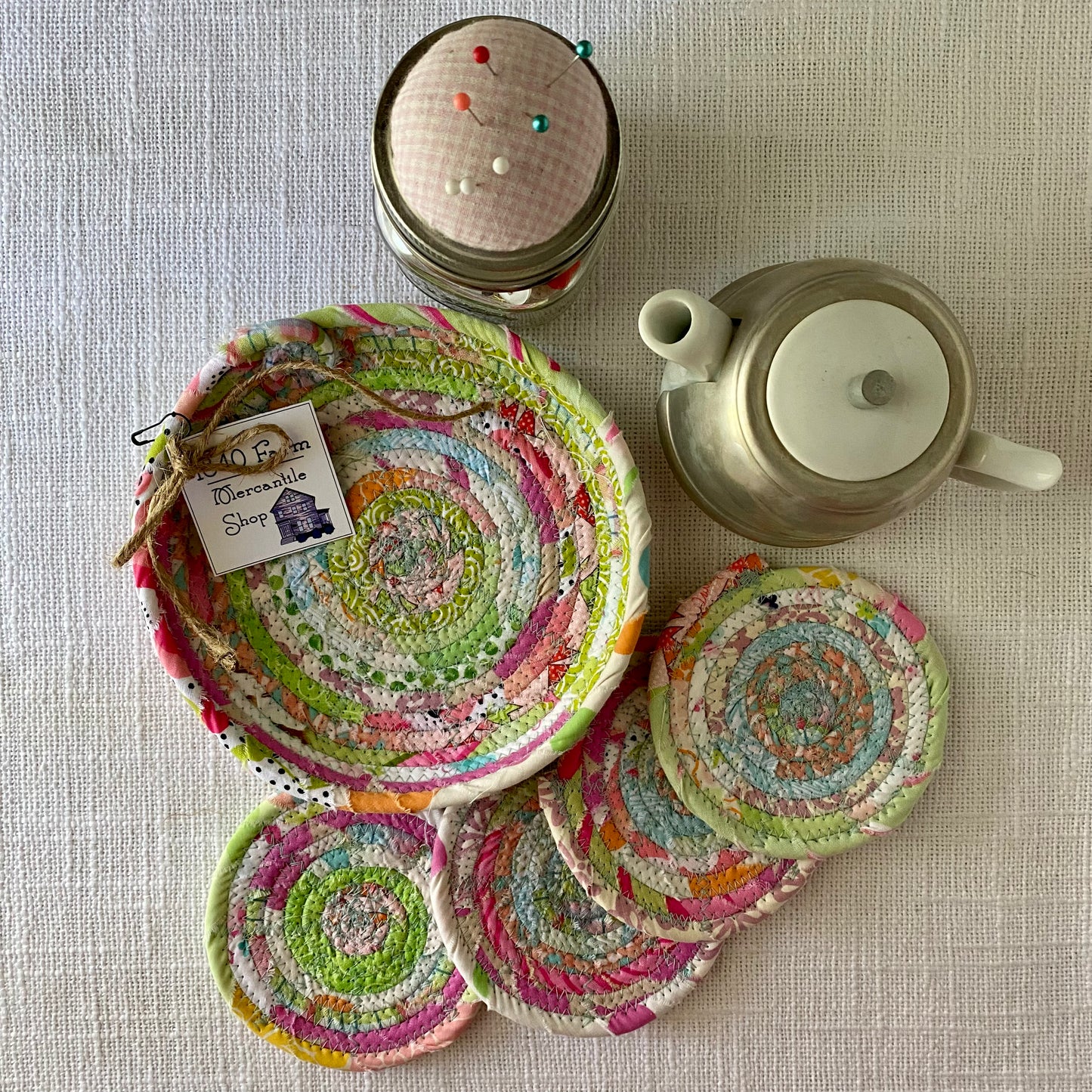 Matching set: 6” Medium Saucer Style Trivet and Four Coasters