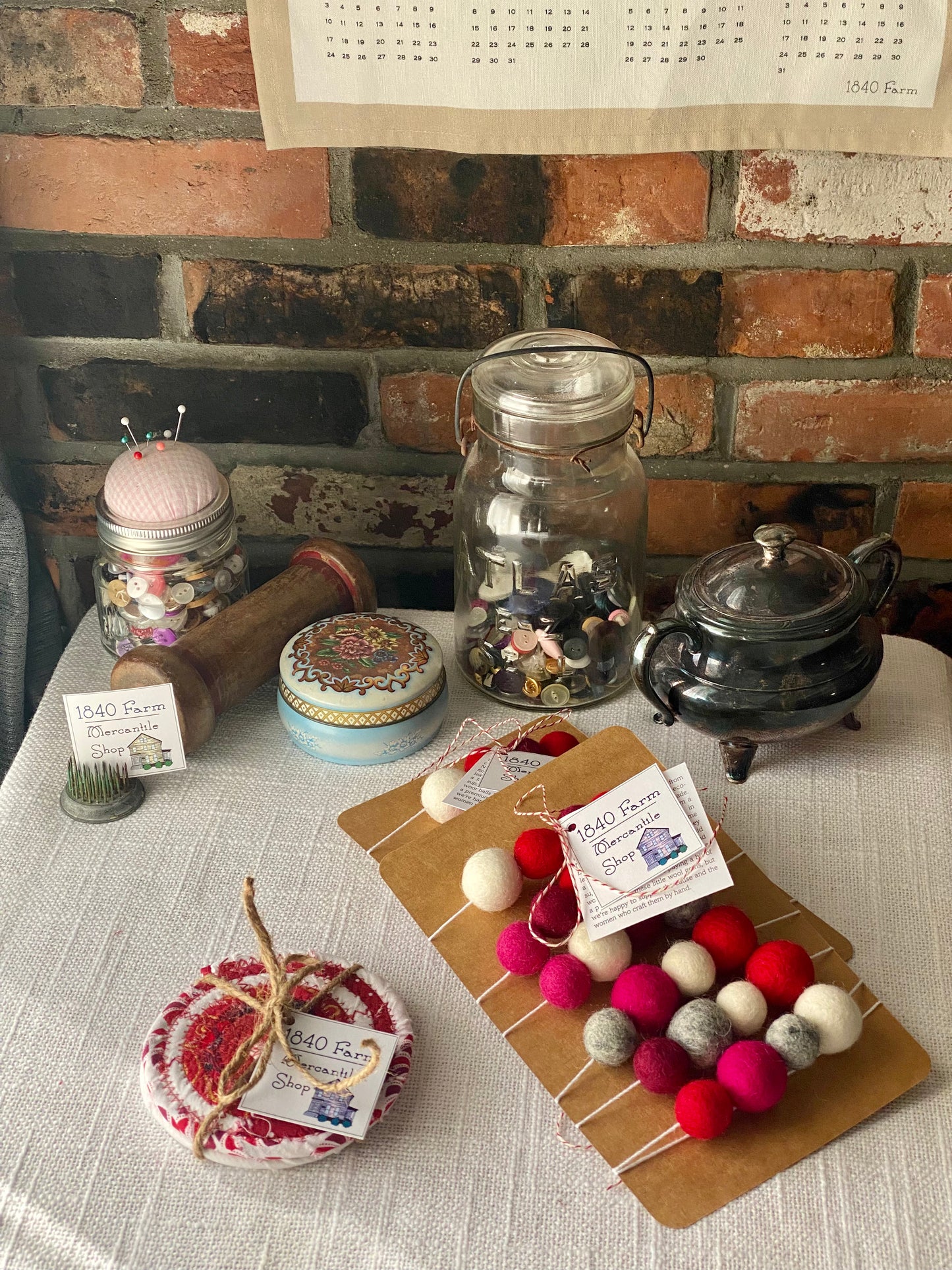 Custom Set of Two 6' Felted Wool Ball Garlands and Coasters