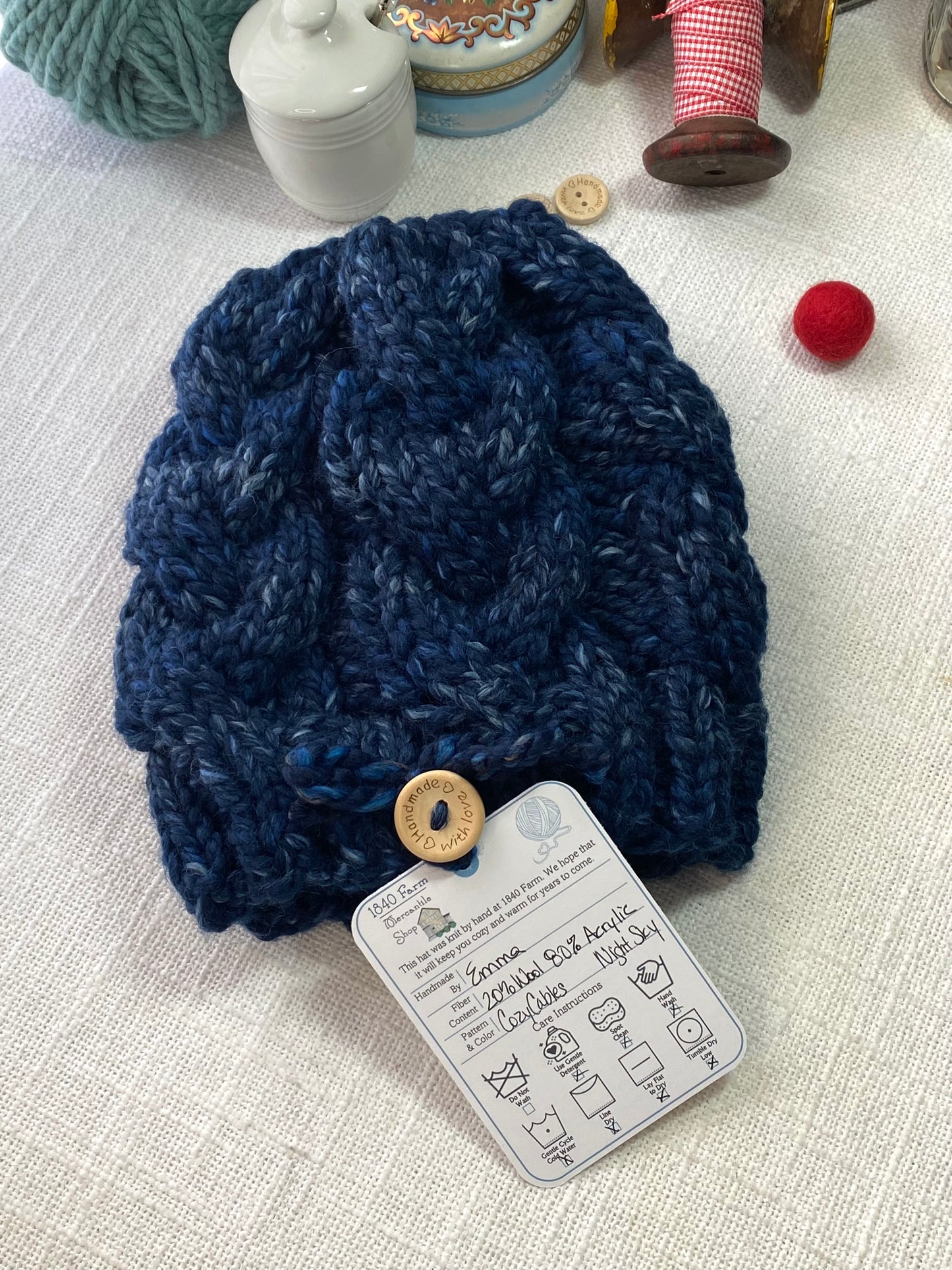 Cozy Cables Hat - Wool Blend Fiber in Night Sky