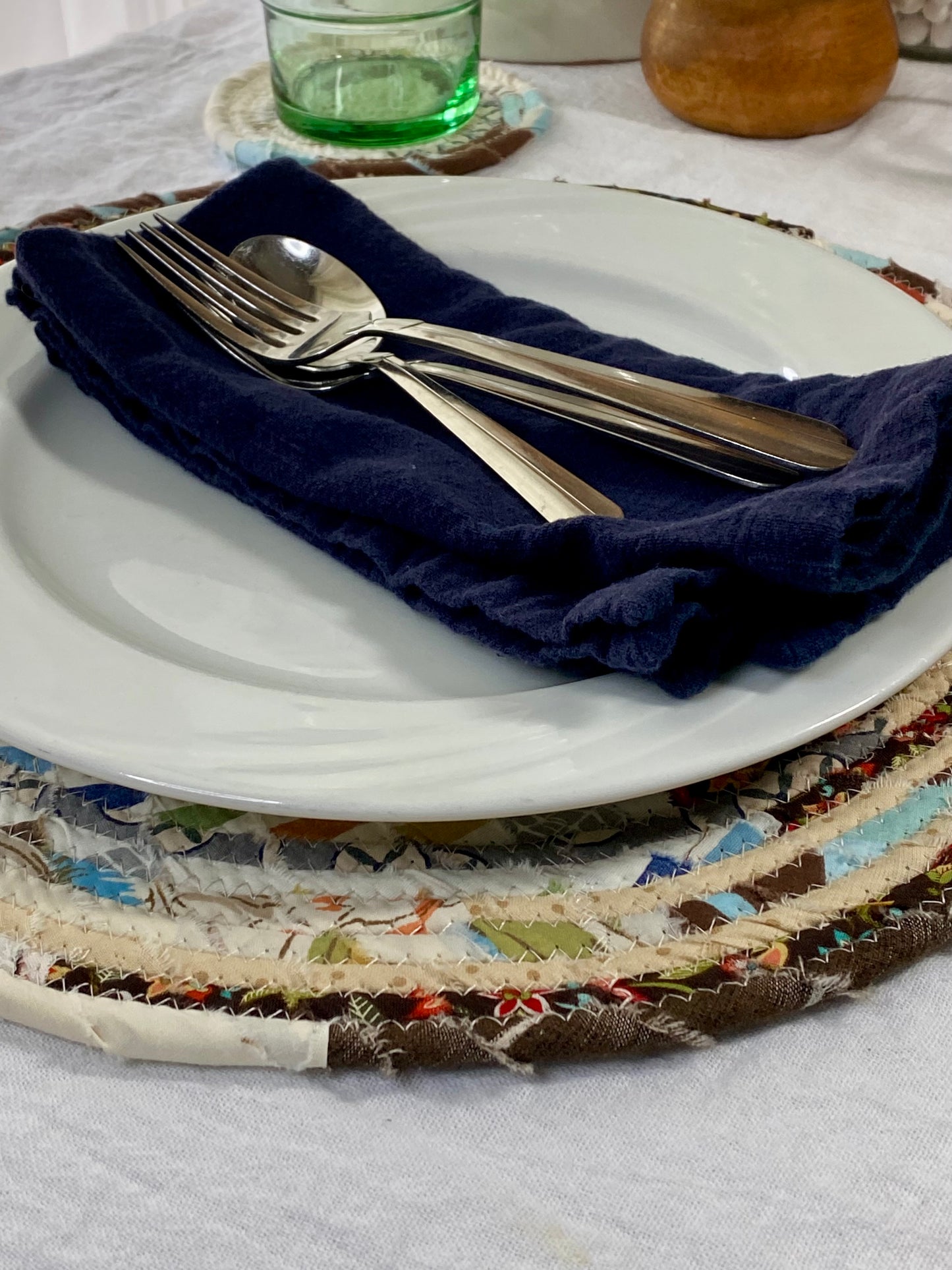 Round Placemat and Coaster Set (2 each) - Cream, Brown, and Blue