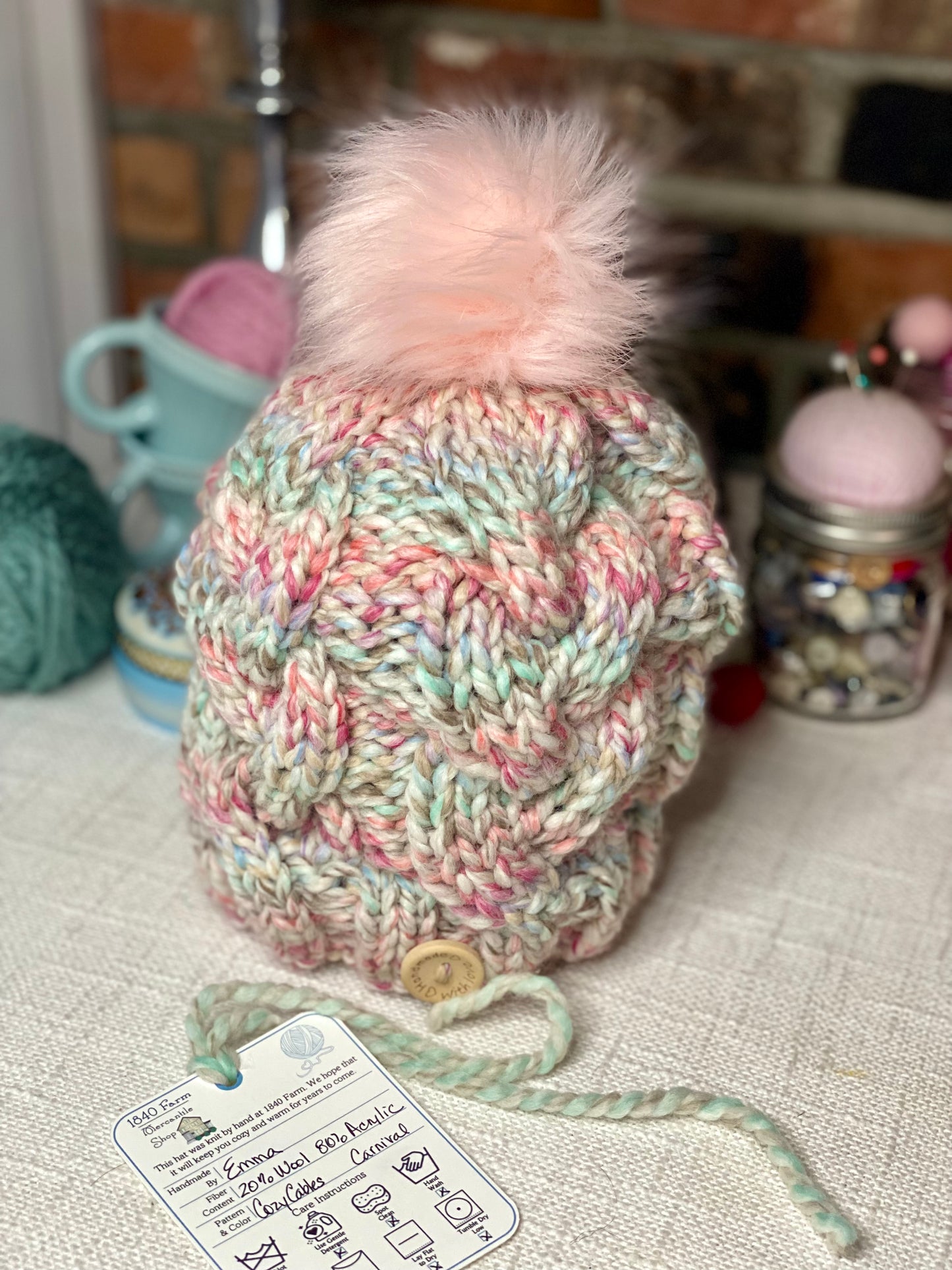 Cozy Cables Hat in Carnival - Wool Blend Fiber