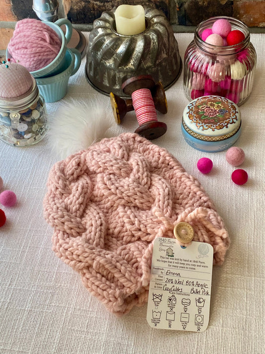Cozy Cables Hat in Ballet Pink - Wool Blend Fiber