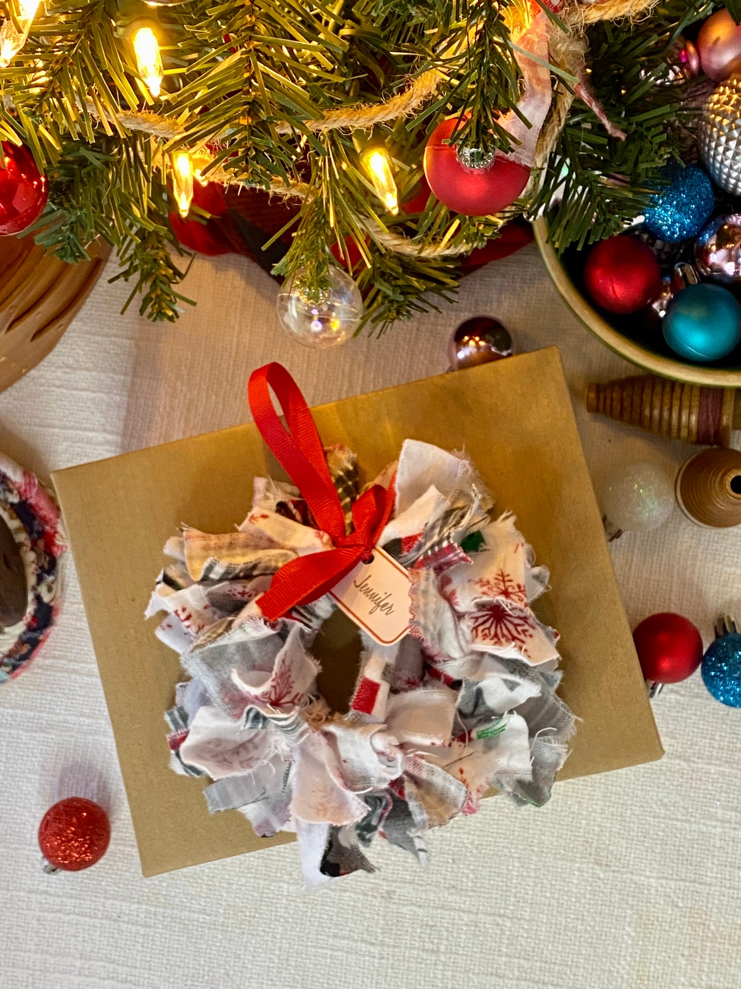 Handmade Scrappy Fabric Wreath - White and Red Flannel