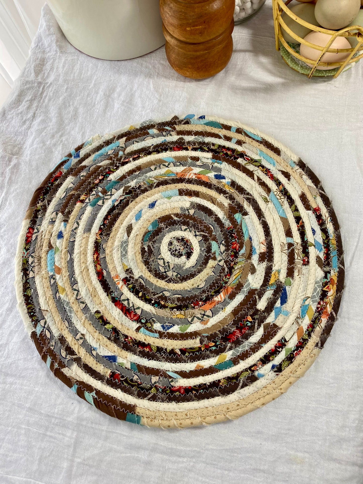 Round Placemat and Coaster Set (2 each) - Cream, Brown, and Blue