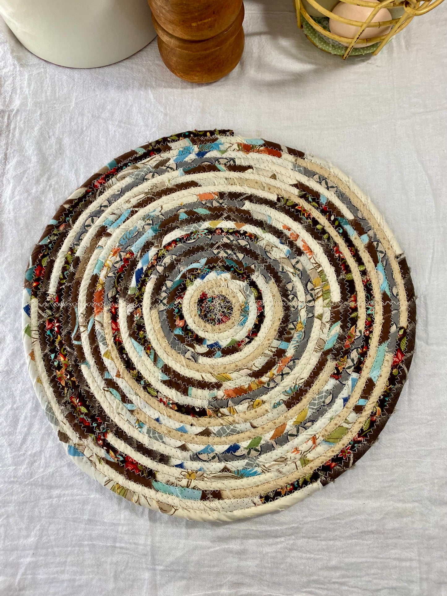 Round Placemat and Coaster Set (2 each) - Cream, Brown, and Blue