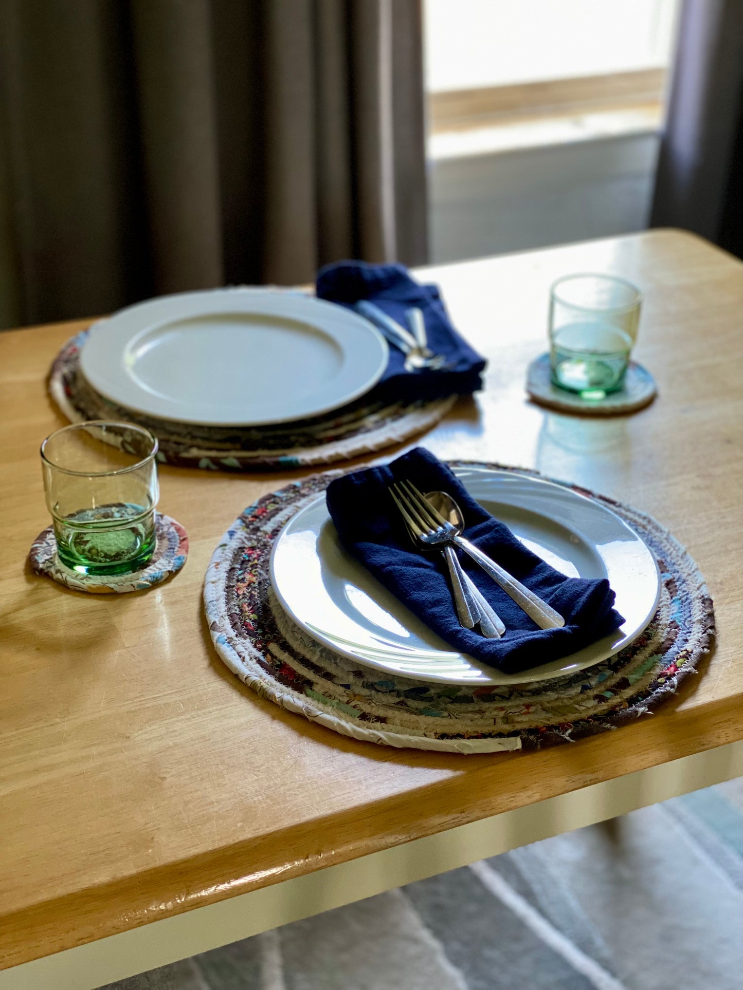 Round Placemat and Coaster Set (2 each) - Cream, Brown, and Blue