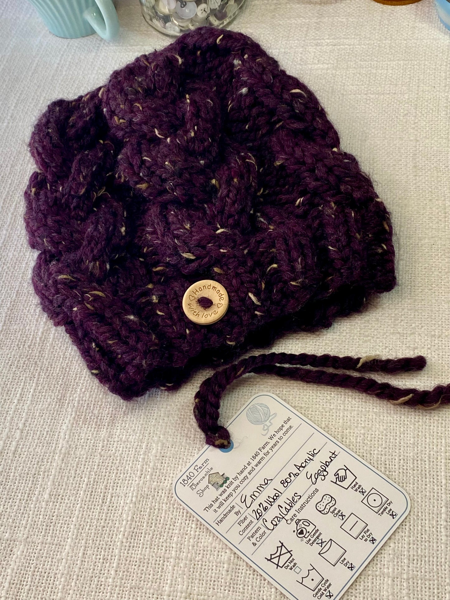 Cozy Cables Hat - Wool Blend Fiber in Eggplant