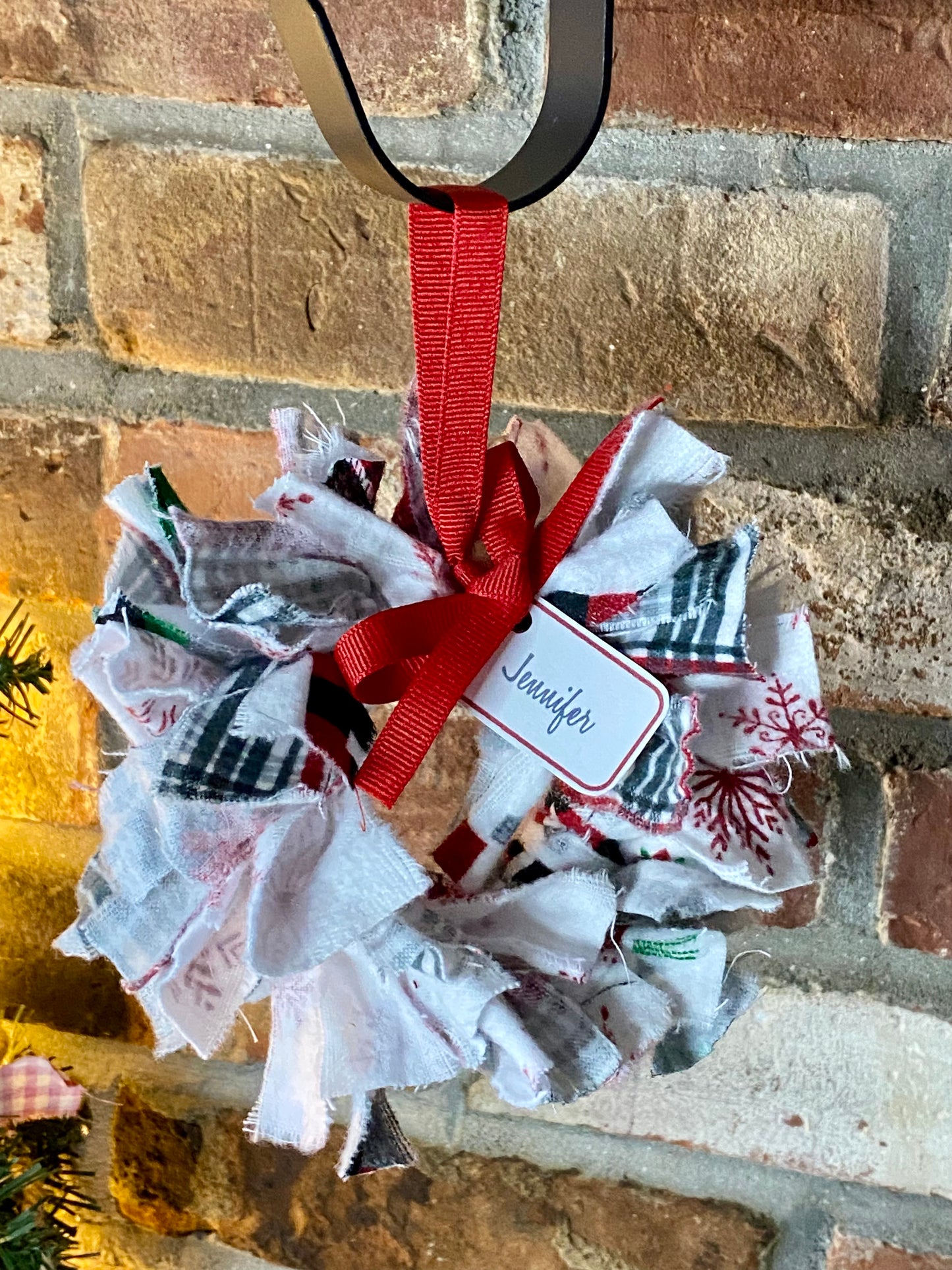 Handmade Scrappy Fabric Wreath - White and Red Flannel