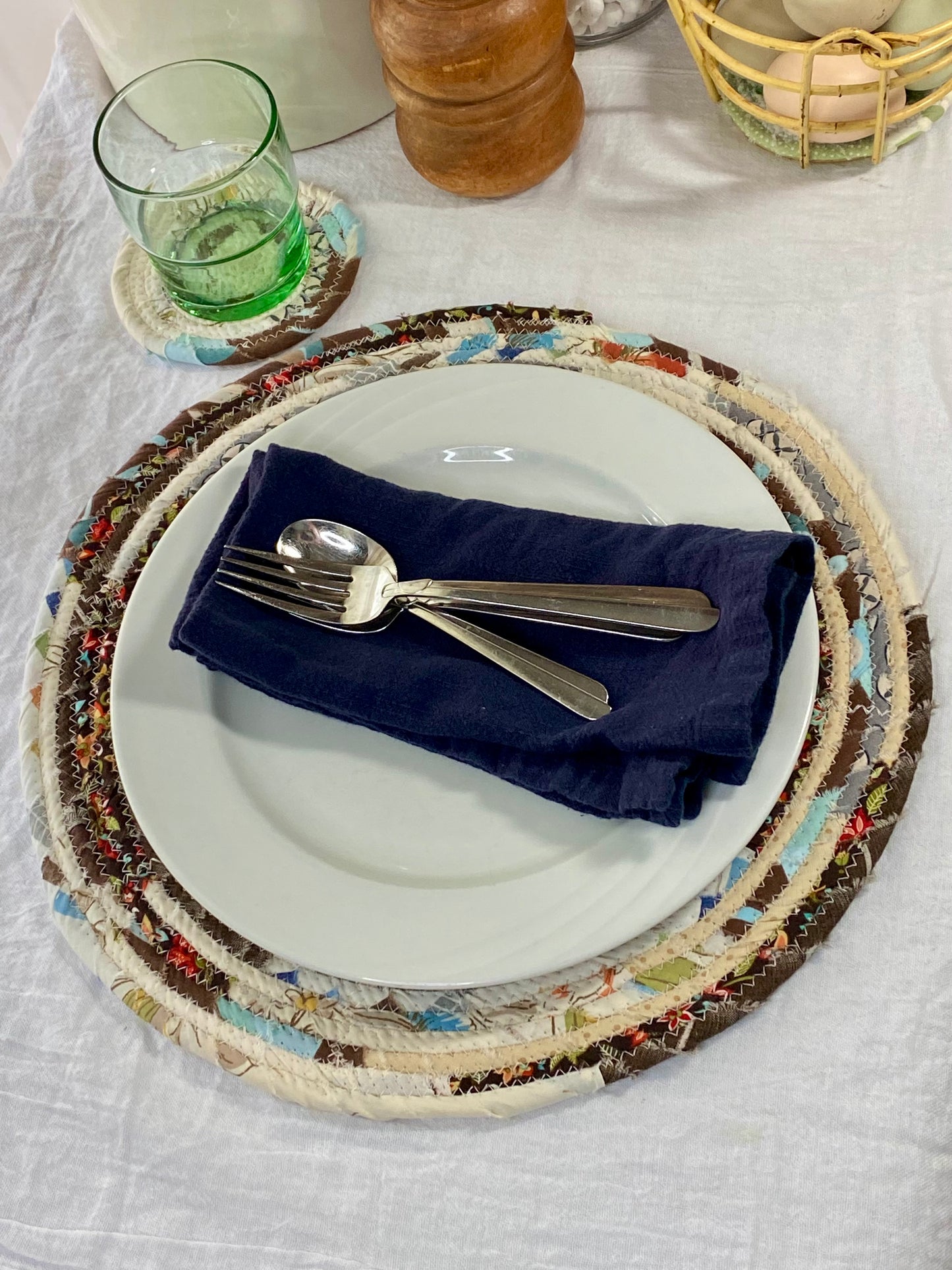 Round Placemat and Coaster Set (2 each) - Cream, Brown, and Blue