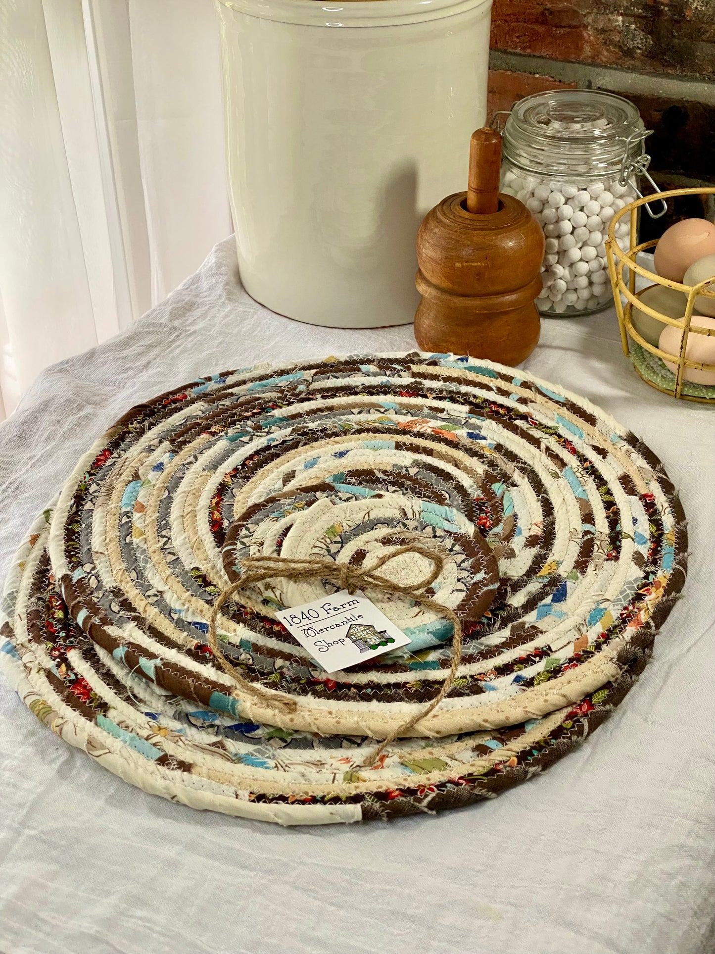 Round Placemat and Coaster Set (2 each) - Cream, Brown, and Blue