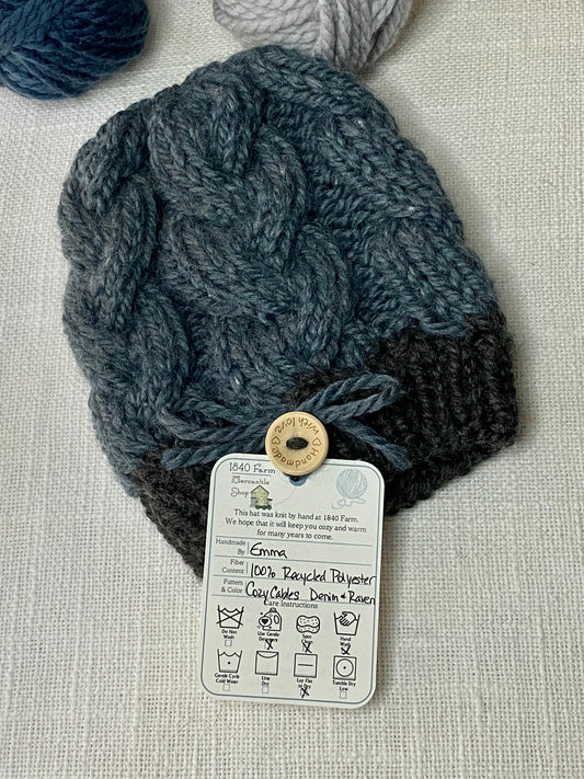 Cozy Cables Hat in Denim and Raven- Recycled Synthetic Fiber be