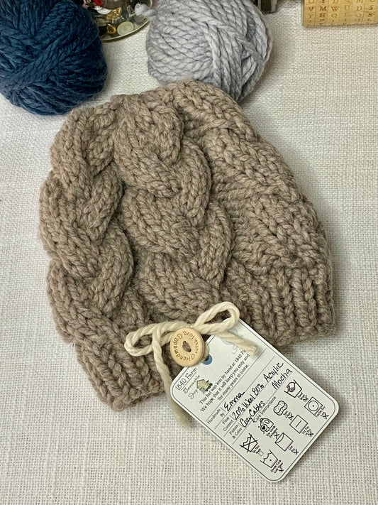 Cozy Cables Hat in Mocha - Wool Blend Fiber