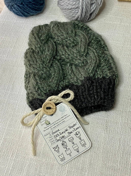 Cozy Cables Hat in Moss and Raven- Recycled Synthetic Fiber be