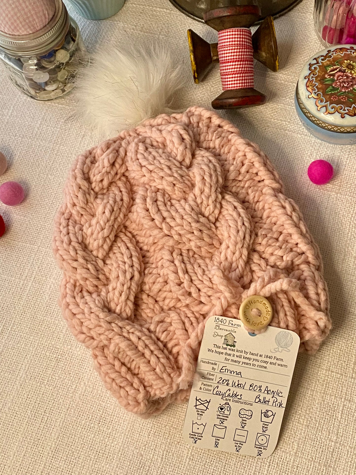 Cozy Cables Hat in Ballet Pink - Wool Blend Fiber