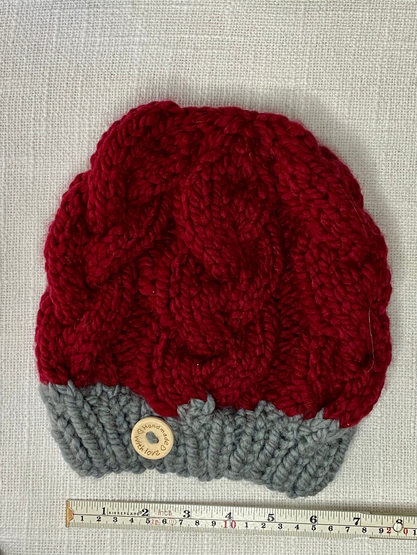 Cozy Cables Hat in Cranberry and Pewter- Wool Blend Fiber - Dual Tone
