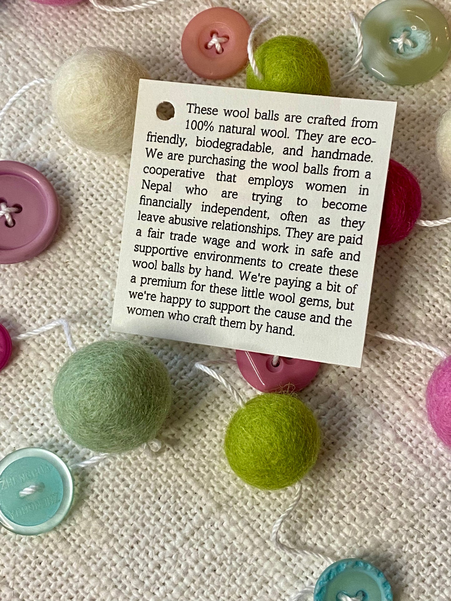 6' Felted Wool Ball and Button Garland - 16 wool balls + 16 buttons