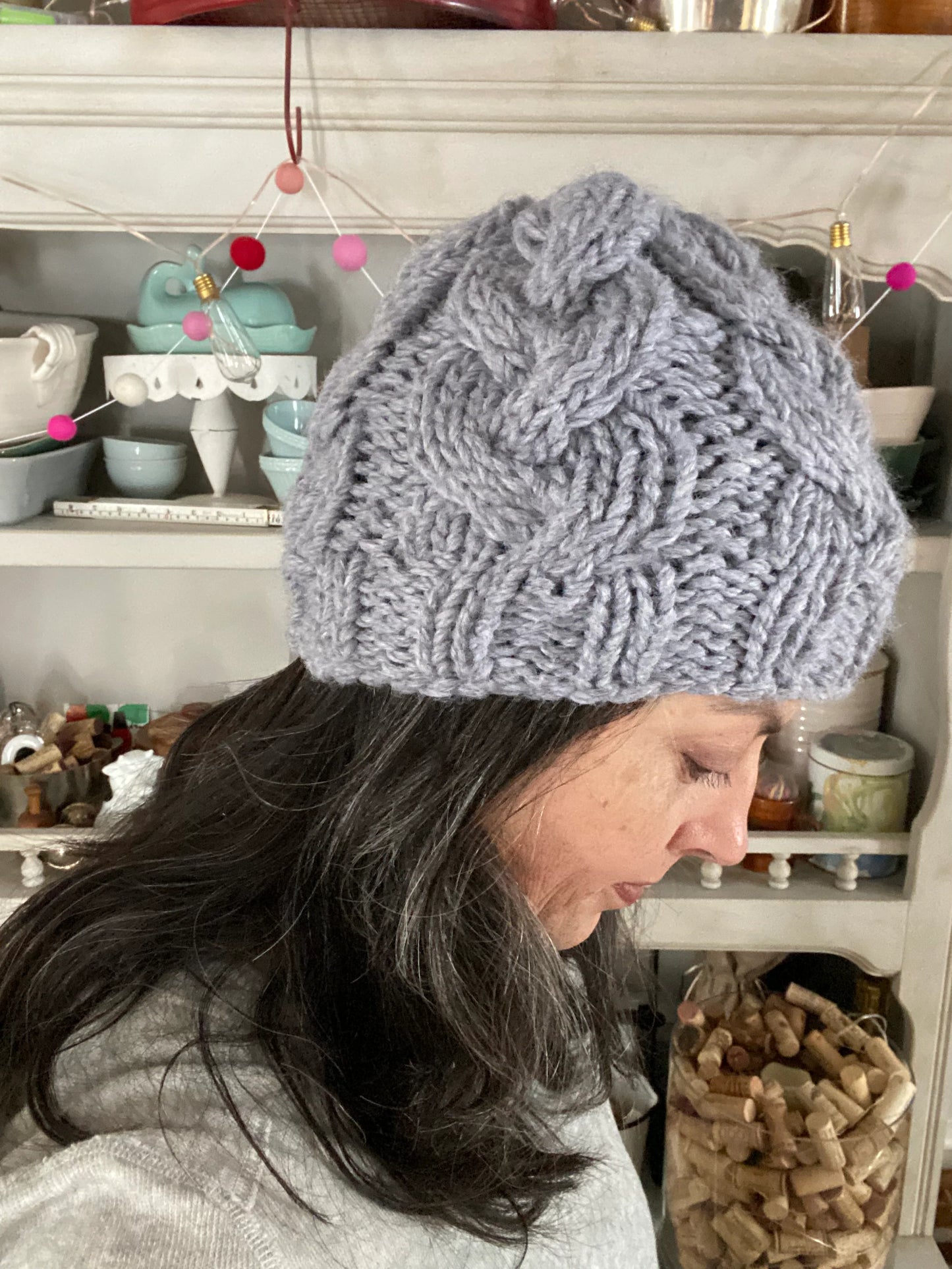 Cozy Cables Hat in Faded Denim and Raven- Recycled Synthetic Fiber blend