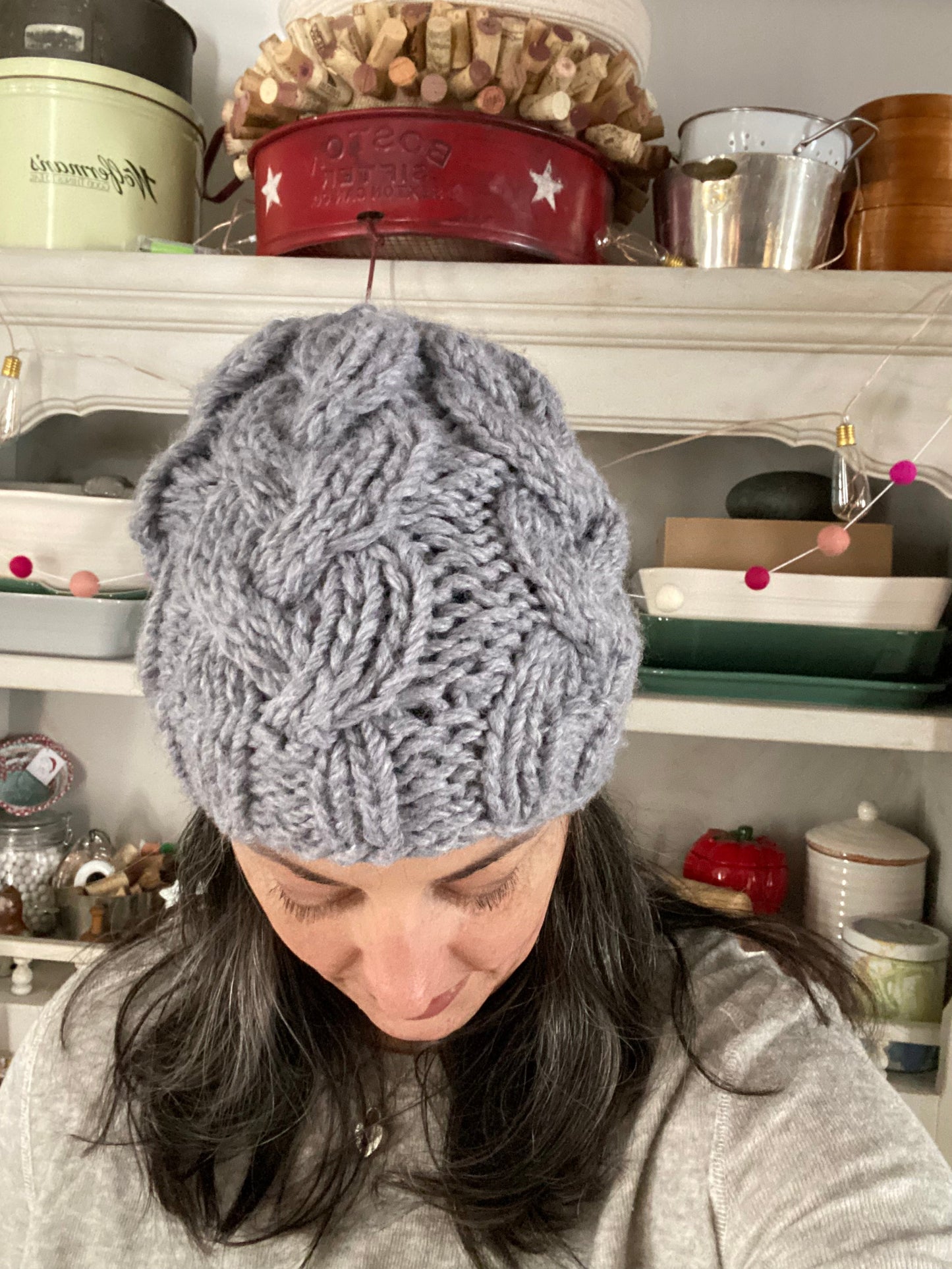 Cozy Cables Hat - Wool Blend Fiber in Night Sky