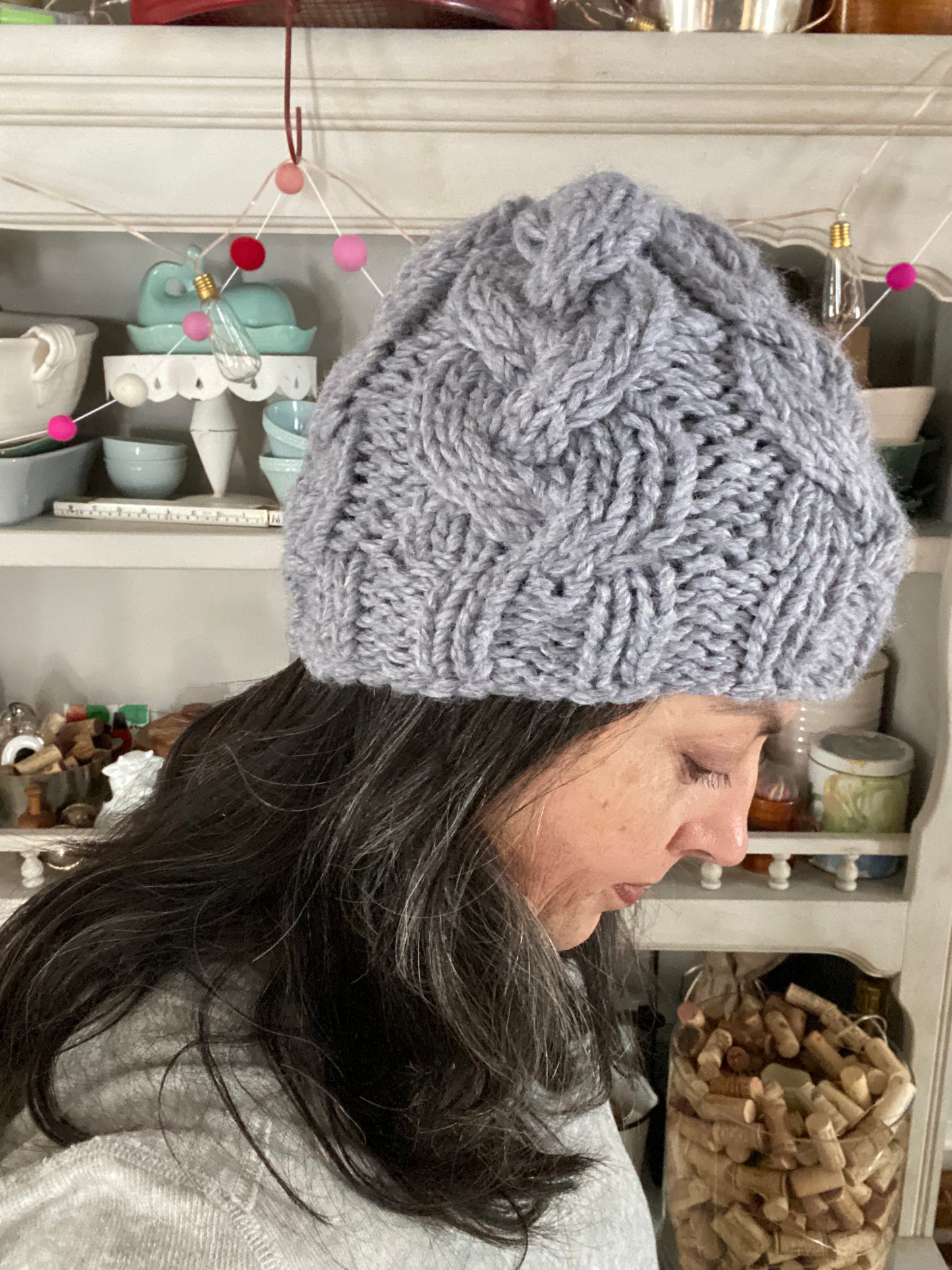 Cozy Cables Hat - Wool Blend Fiber - Marble