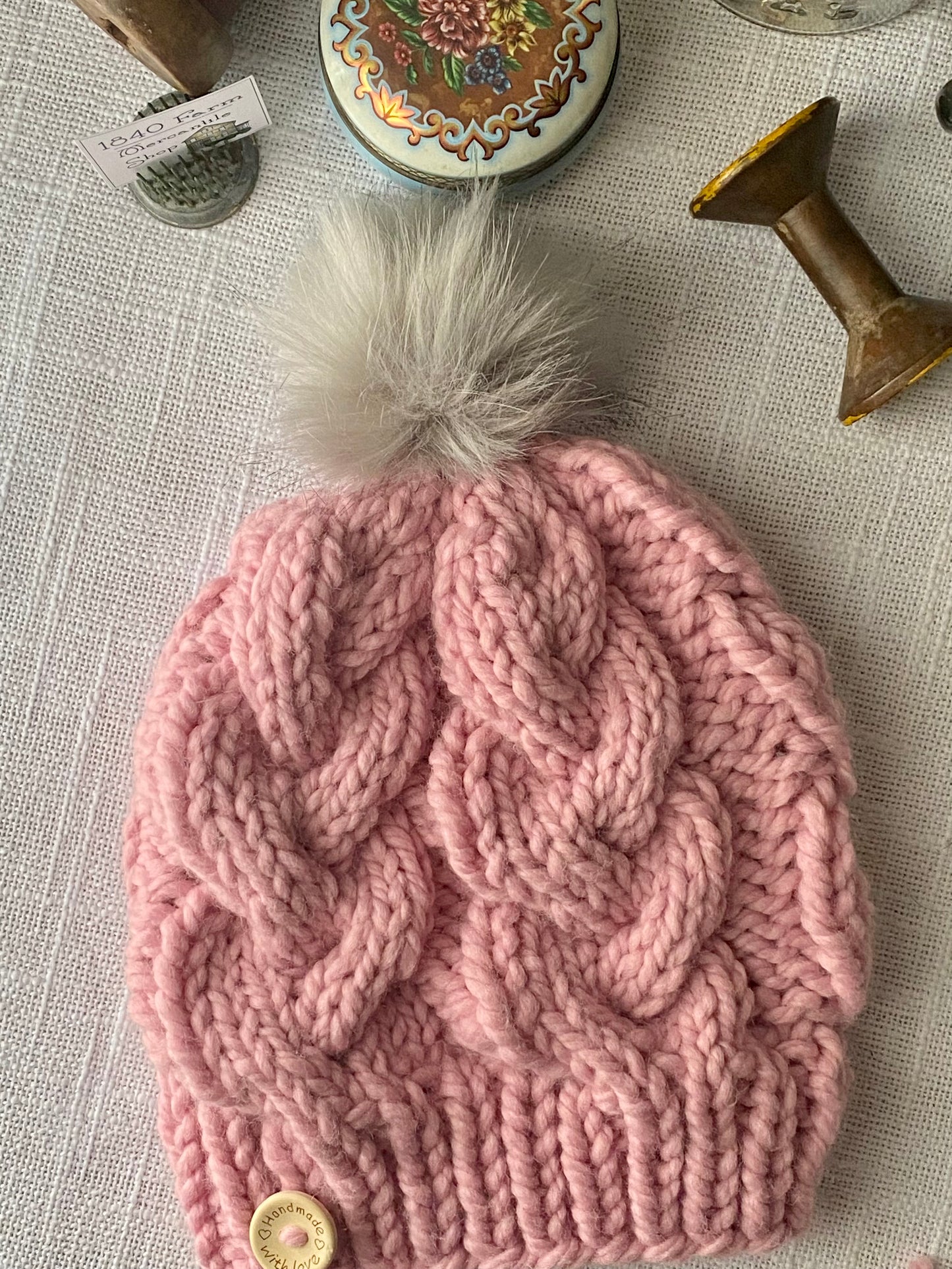 Cozy Cables Hat - Wool Blend Fiber - Bubblegum