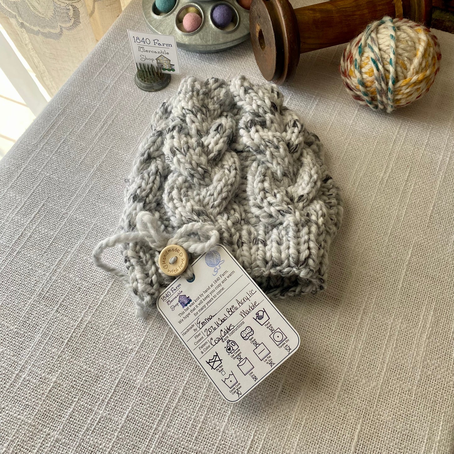 Cozy Cables Hat - Wool Blend Fiber - Marble